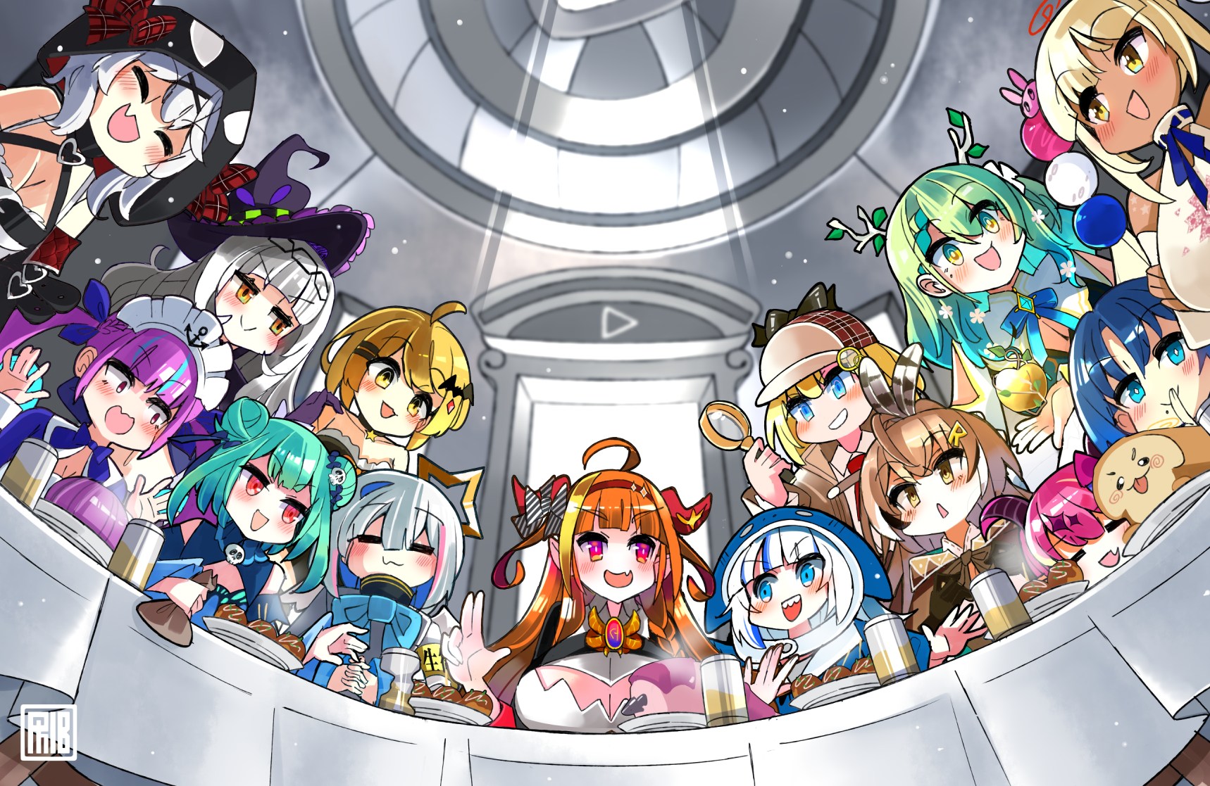 phibonnachee, amane kanata, amane kanata (1st costume), ceres fauna, ceres fauna (1st costume), gawr gura, gawr gura (1st costume), hiodoshi ao, hiodoshi ao (1st costume), kiryu coco, kiryu coco (1st costume), mano aloe, minato aqua, minato aqua (1st costume), murasaki shion, murasaki shion (1st costume), nanashi mumei, nanashi mumei (1st costume), sakamata chloe, sakamata chloe (1st costume), tsukumo sana, tsukumo sana (1st costume), uruha rushia, uruha rushia (1st costume), watson amelia, watson amelia (1st costume), yozora mel, yozora mel (1st costume), hololive, hololive english, the last supper, commentary, english commentary, highres, 1girl, 6+girls, ahoge, anchor symbol, animal costume, animal hood, antlers, arched bangs, bat hair ornament, black streaks, blonde hair, blue eyes, blue hair, blue hoodie, bow, braid, branch, breasts, brown capelet, brown cloak, brown eyes, brown hair, capelet, cloak, dark-skinned female, dark skin, demon girl, diagonal-striped bow, double bun, dragon girl, dragon horns, feather hair ornament, feathers, fine art parody, fisheye, flower, green hair, grey hair, hair bun, hair flower, hair ornament, hairclip, halo, hat, holding, hood, hoodie, horn bow, horn ornament, horns, jewelry, large breasts, long hair, magnifying glass, mole, mole under eye, mole under mouth, multicolored hair, multiple girls, necktie, open mouth, orange hair, orca hood, parody, pink hair, planet hair ornament, pointy ears, ponytail, red eyes, shark costume, shark girl, shark hair ornament, shark hood, sharp teeth, shirt, skull collar, skull hair ornament, smile, star halo, streaked hair, striped bow, teeth, twintails, virtual youtuber, white hair, white shirt, witch hat, x hair ornament, yellow eyes