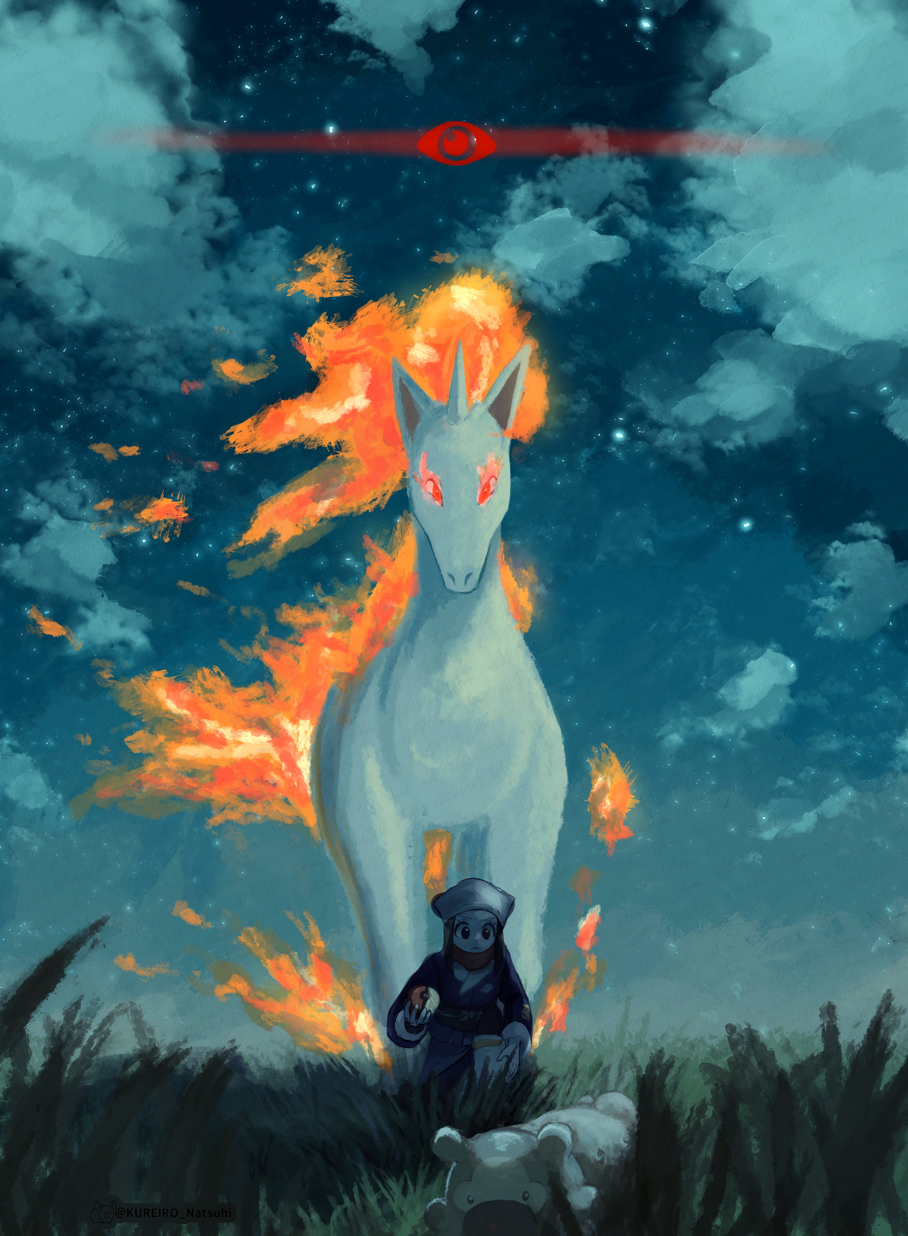 kureiro natsuhi, akari (pokemon), bidoof, rapidash, nintendo, pokemon, pokemon legends: arceus, absurdres, hashtag-only commentary, highres, 1girl, 2others, alpha pokemon, black hair, brown fur, cloud, fiery hair, fire, flame-tipped tail, galaxy expedition team survey corps uniform, gameplay mechanics, gen 1 pokemon, gen 4 pokemon, glowing, glowing eyes, headscarf, horns, horse, long hair, multiple others, night, outdoors, poke ball, poke ball (basic), pokemon (creature), red eyes, red scarf, scarf, single horn, sky, star (sky), tail, unicorn, v-shaped eyebrows, white fur