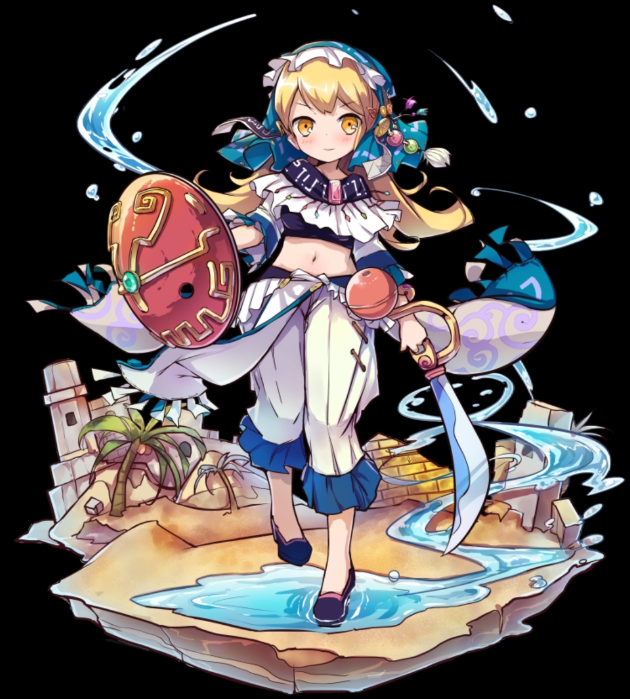 merc storia art team, merc storia, highres, official art, 1girl, bandeau, black background, blonde hair, blue headscarf, blush, breasts, building, cape, closed mouth, coconut tree, detached sleeves, fellatio, flats, full body, headscarf, holding, holding shield, holding sword, holding weapon, long hair, medium breasts, navel, oral, palm tree, pants, purple shoes, rin (merc storia), sash, shield, shoes, simple background, smile, solo, standing, sword, tachi-e, tree, v-shaped eyebrows, water, weapon, white cape, white pants, wide sleeves, yellow eyes