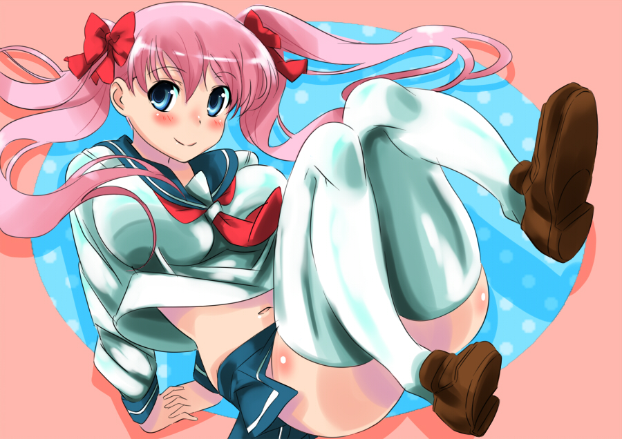 mas (5734ghji), haramura nodoka, saki (manga), blue eyes, breasts, large breasts, ribbon, school uniform, serafuku, solo, thighhighs, twintails