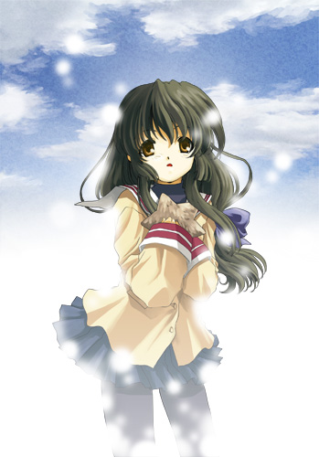 nekomaru (nekohouse), ibuki fuuko, clannad, lowres, 00s, black hair, brown eyes, long hair, pantyhose, school uniform, solo, sparkle, starfish