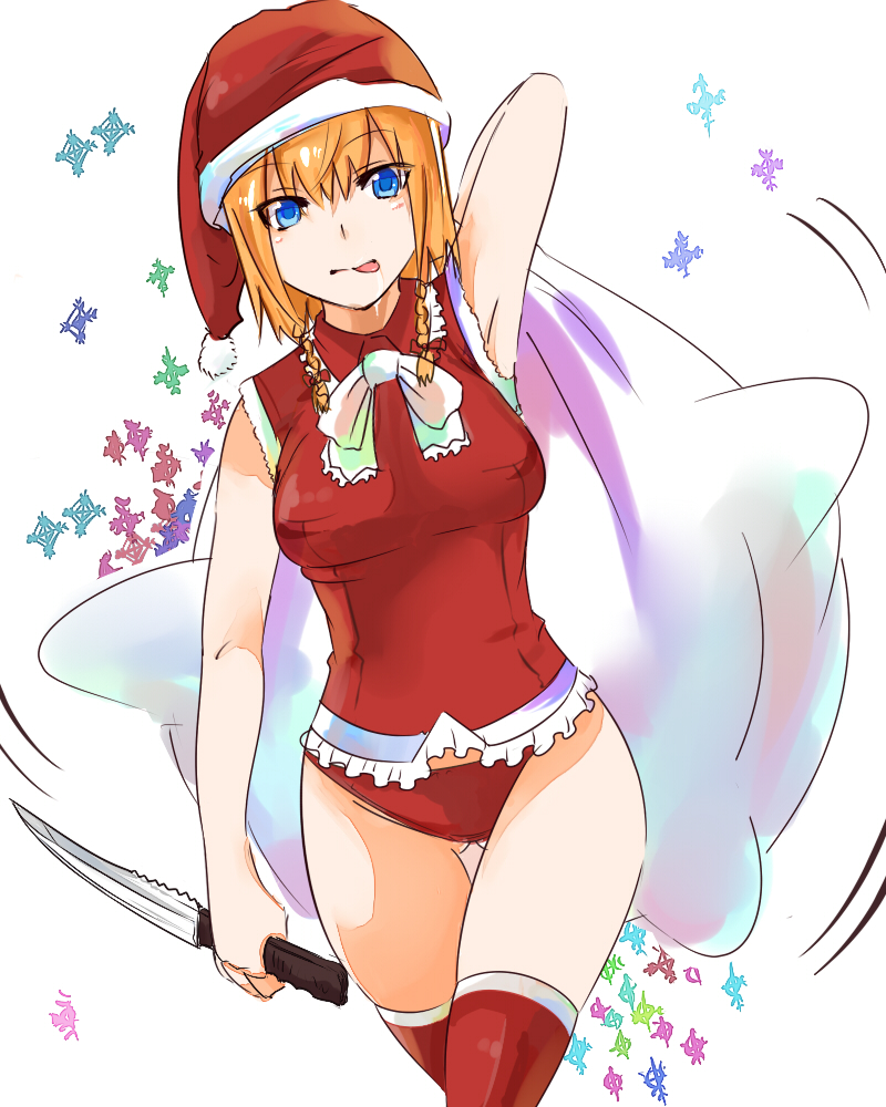 nuko (mikupantu), original, bad id, bad pixiv id, 1girl, :p, armpits, blouse, blue eyes, bow, bowtie, christmas, female focus, hat, hip focus, in container, knife, no pants, orange hair, panties, red panties, red thighhighs, reverse grip, sack, santa costume, santa hat, shirt, short hair, sleeveless, solo, standing, struggling, thigh gap, thighhighs, thighs, tongue, tongue out, underwear, wide hips