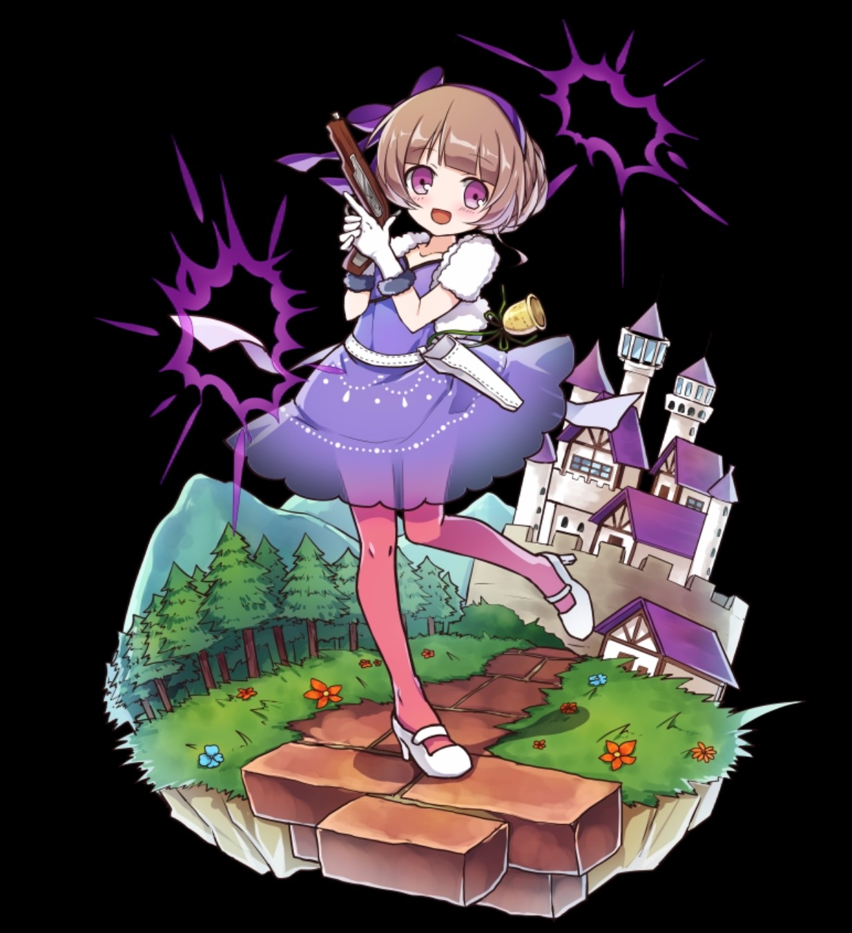 merc storia art team, merc storia, highres, official art, 1girl, :d, bell, belt, black background, blunt bangs, blush, brick floor, brown hair, castle, collarbone, dress, flower, forest, full body, gun, hair bun, hair ribbon, hands up, high heels, holding, holding gun, holding weapon, holster, moco (merc storia), nature, open mouth, pantyhose, pink pantyhose, purple dress, purple eyes, purple ribbon, ribbon, see-through clothes, see-through dress, shoes, simple background, smile, solo, standing, standing on one leg, tachi-e, two-handed, weapon, white belt, white shoes