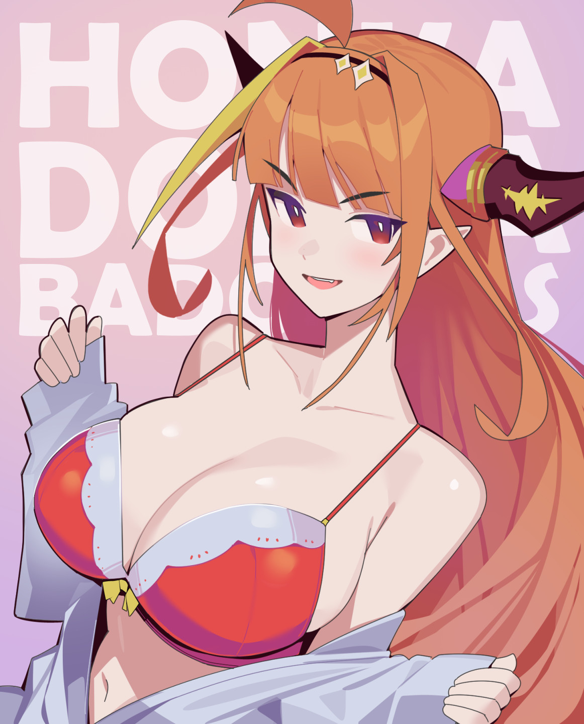 dismassd, kiryu coco, hololive, commentary, highres, 1girl, ahoge, alternate costume, bare shoulders, blonde hair, blunt bangs, bra, breasts, bright pupils, cleavage, collarbone, dragon girl, dragon horns, gradient eyes, grey jacket, horns, jacket, large breasts, light blush, long hair, long sleeves, looking at viewer, multicolored eyes, multicolored hair, navel, open mouth, orange hair, partially unzipped, pink background, pointy ears, purple eyes, red bra, sleeves past wrists, smile, solo, streaked hair, underwear, upper body, virtual youtuber