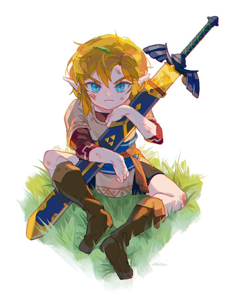 rain rkgk, link, nintendo, the legend of zelda, the legend of zelda: breath of the wild, the legend of zelda: tears of the kingdom, commentary request, 1boy, angry, blonde hair, blue eyes, boots, closed mouth, grass, holding, holding sword, holding weapon, hylian set (zelda), injury, leaf, leaf on head, looking at viewer, master sword, on grass, pointy ears, shirt, short hair, sidelocks, sitting, solo, sword, triforce, weapon