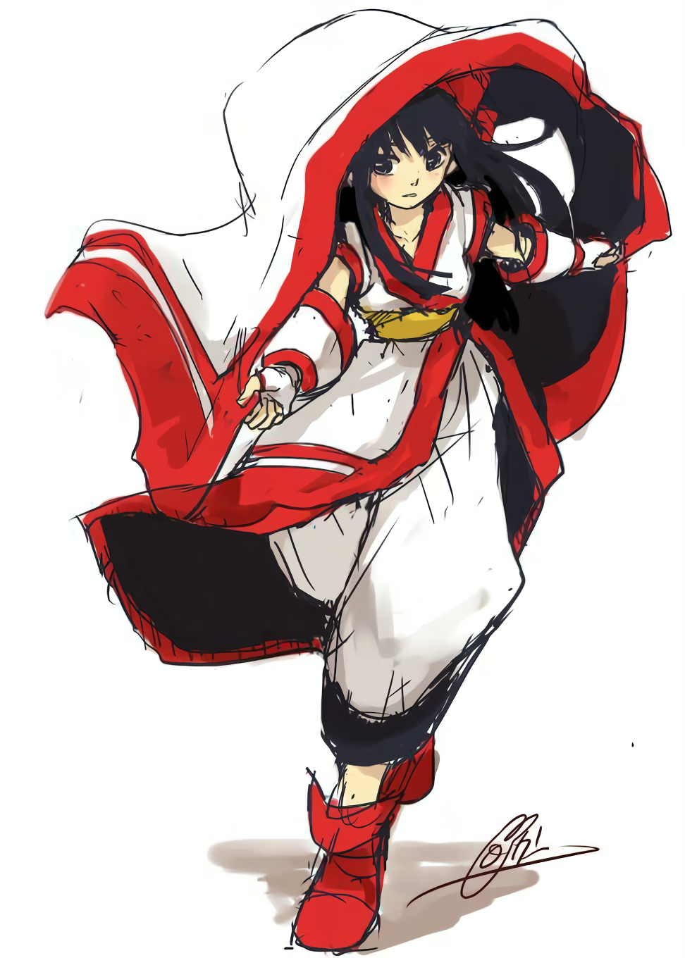 nakoruru, samurai spirits, snk, the king of fighters, highres, source request, 1girl, ainu clothes, artist name, black hair, breasts, cloak, fingerless gloves, gloves, hair ribbon, legs, long hair, oekaki, pants, parted lips, ribbon, small breasts, teeth, thighs