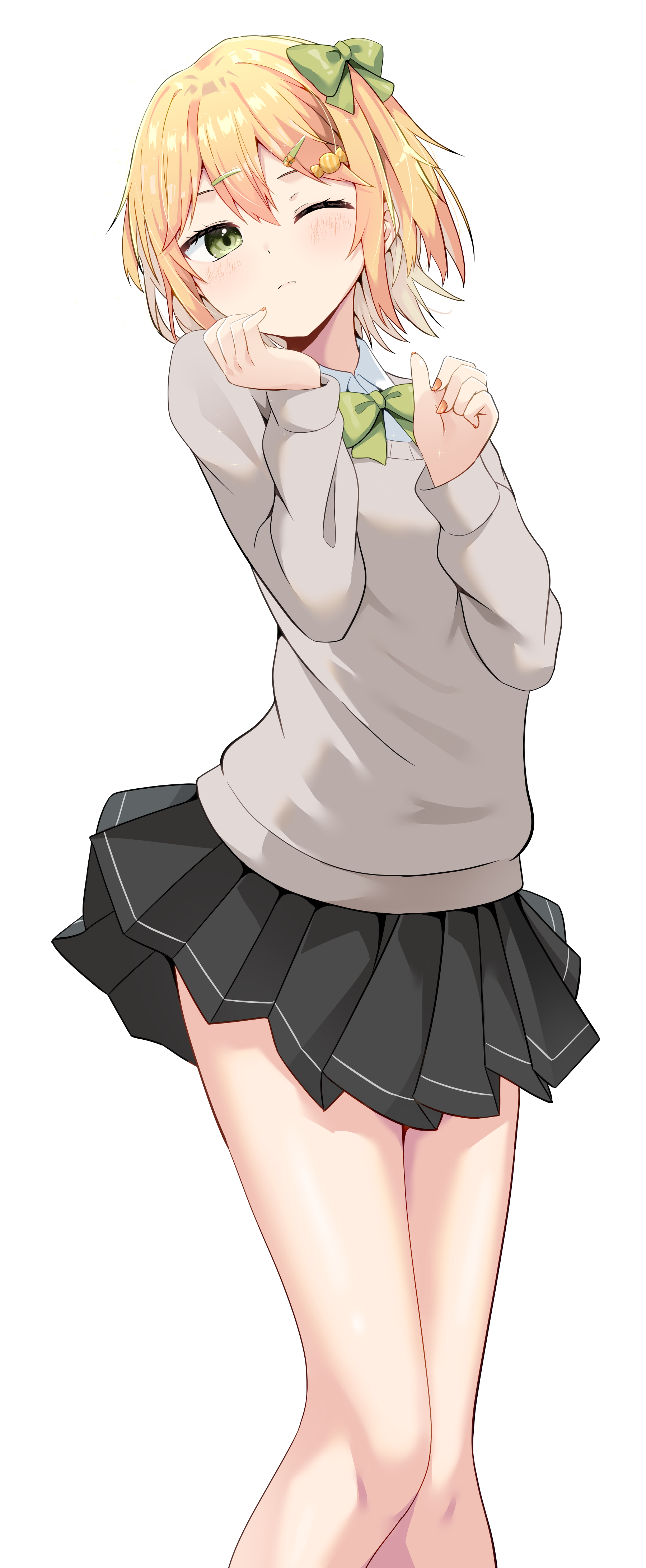 cac itinose, original, absurdres, commentary request, highres, 1girl, black skirt, blonde hair, blush, bow, closed mouth, collared shirt, feet out of frame, green bow, green eyes, grey sweater, hair between eyes, hair bow, hair ornament, hairclip, hands up, head tilt, long sleeves, one eye closed, pleated skirt, puffy long sleeves, puffy sleeves, shirt, simple background, skirt, solo, sweater, white background, white shirt