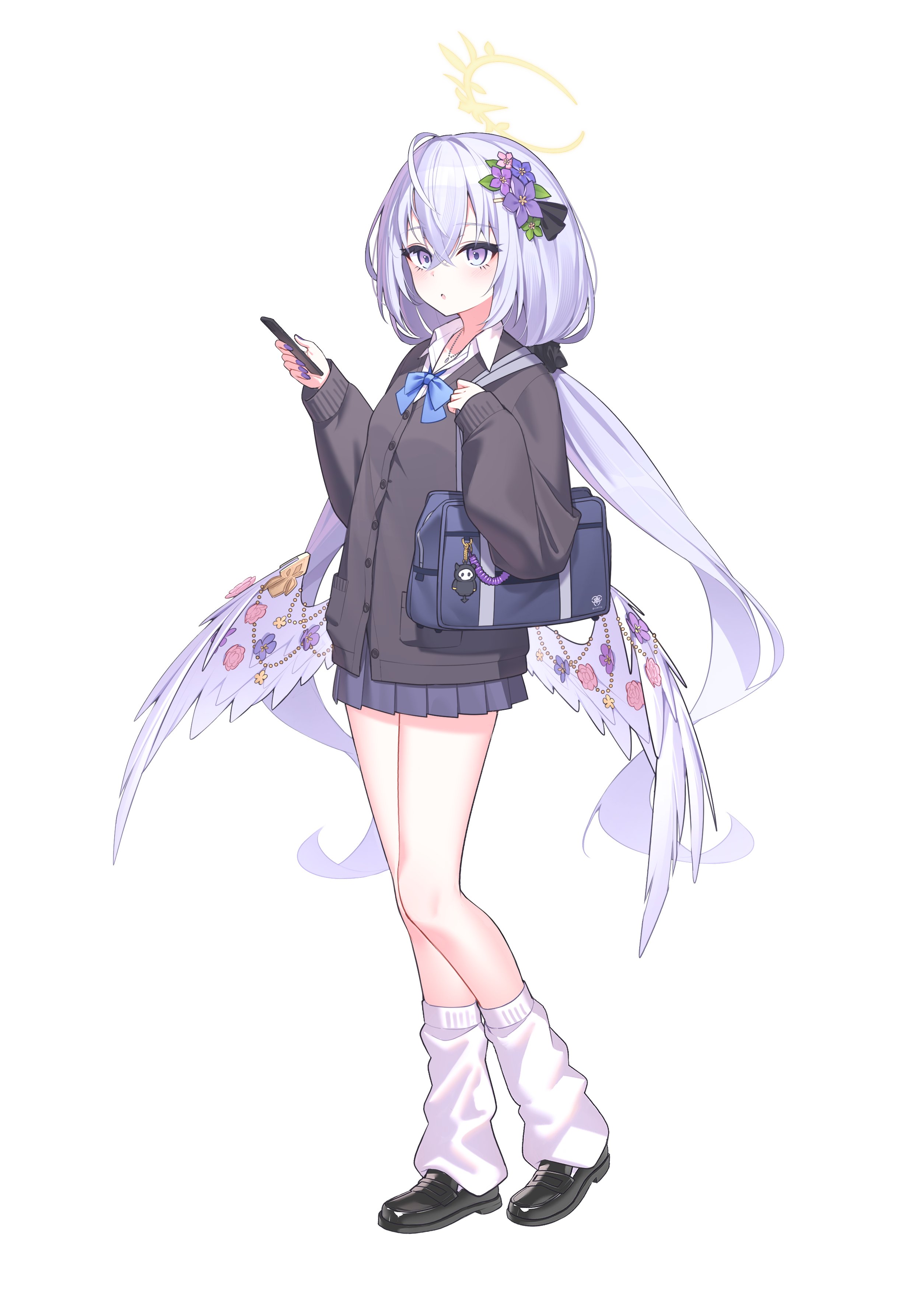 tyobis., azusa (blue archive), blue archive, absurdres, commentary request, highres, 1girl, alternate costume, alternate hairstyle, bag, black shoes, black skirt, blue bow, blue bowtie, bow, bowtie, cellphone, collared shirt, crossed bangs, flower, full body, hair between eyes, hair flower, hair ornament, halo, holding, holding phone, loafers, long hair, long sleeves, looking at viewer, loose socks, low twintails, low wings, parted lips, phone, purple eyes, purple hair, school bag, school uniform, shirt, shoes, simple background, skirt, smartphone, socks, solo, standing, twintails, very long hair, white background, white socks, wing ornament, wings