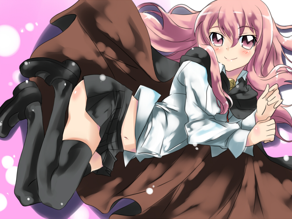 mas (5734ghji), louise francoise le blanc de la valliere, zero no tsukaima, 1girl, cape, female focus, navel, pentacle, pink background, pink eyes, pink hair, skirt, solo, thighhighs, zettai ryouiki