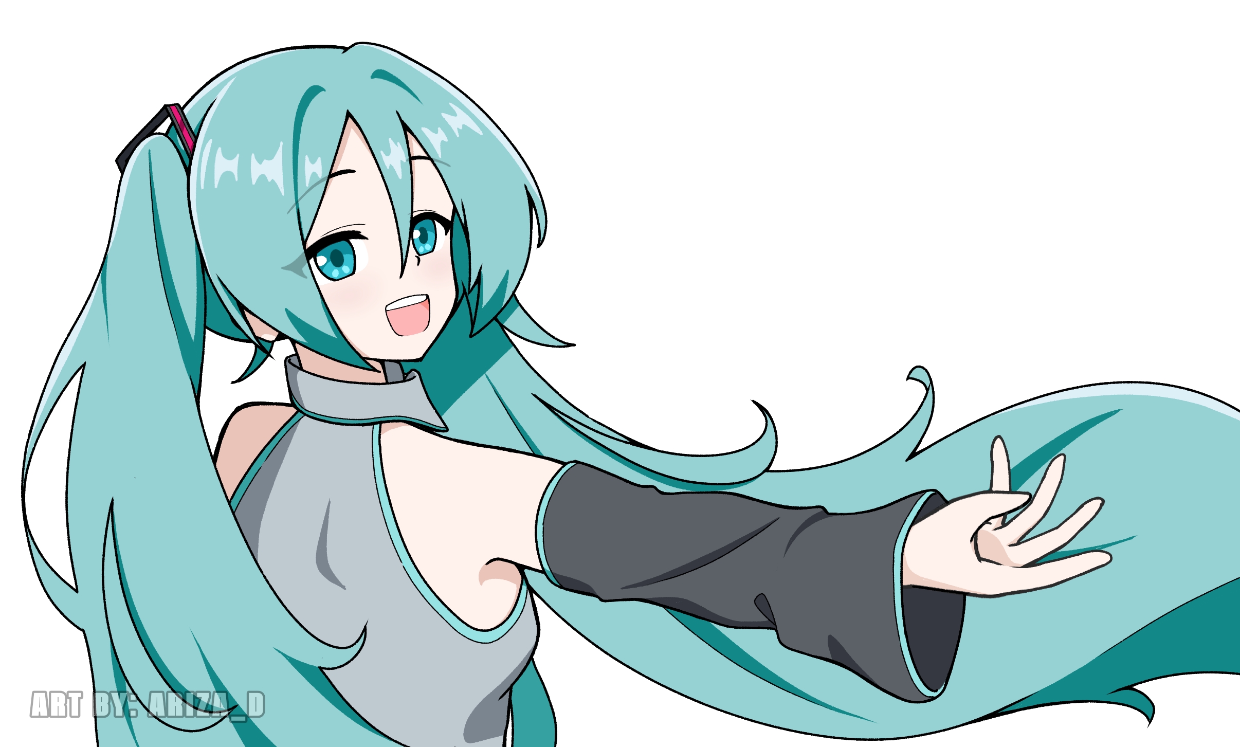 hatsune miku, vocaloid, commentary, english commentary, highres, 1girl, :d, aqua eyes, aqua hair, aqua necktie, aqua trim, ariza dhika, artist name, bare shoulders, black sleeves, breasts, collared shirt, detached sleeves, from behind, grey shirt, hair between eyes, hair ornament, long hair, long sleeves, looking at viewer, looking back, medium breasts, necktie, open mouth, outstretched arm, shirt, simple background, sleeveless, sleeveless shirt, smile, solo, swept bangs, teeth, twintails, upper body, upper teeth only, very long hair, white background