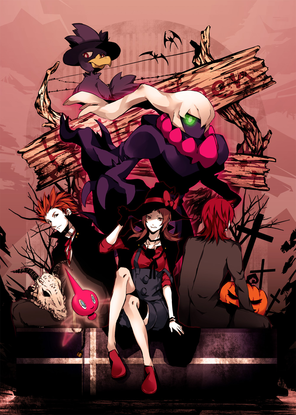 arisaka ako, crobat, darkrai, lance (pokemon), lyra (pokemon), murkrow, rotom, rotom (normal), silver (pokemon), nintendo, pokemon, pokemon dppt, pokemon hgss, bad id, bad pixiv id, highres, 00s, 1girl, 2boys, alternate color, back, brown hair, cape, cross, gen 2 pokemon, gen 4 pokemon, halloween, hat, hat ribbon, jack-o'-lantern, legendary pokemon, multiple boys, mythical pokemon, orange hair, pokemon (creature), pumpkin, red hair, ribbon, shiny pokemon, short hair, skull, twintails, witch hat