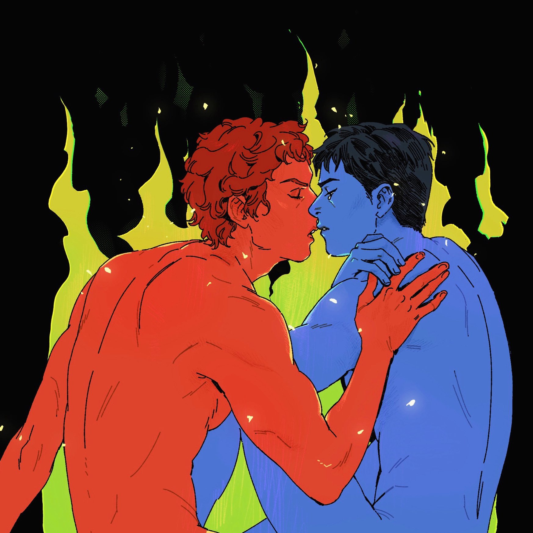leslie hung, commentary, english commentary, highres, 2boys, black background, closed eyes, fire, hand on another's back, heated rivalry, ilya rozanov, imminent kiss, looking at another, male focus, multiple boys, multiple monochrome, nude, parted lips, pectorals, shane hollander, short hair, sidepec, wavy hair, yaoi