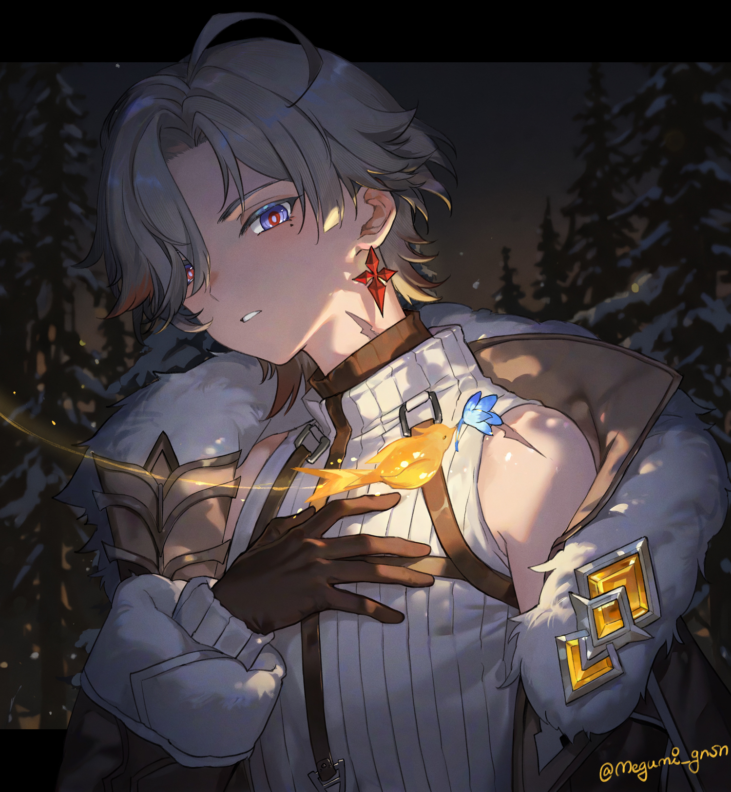 hizuki24, illuga (genshin impact), genshin impact, commentary, english commentary, highres, arm up, bare shoulders, black gloves, black jacket, black shirt, blue eyes, diamond-shaped pupils, diamond (shape), fur-trimmed jacket, fur trim, gloves, hair over one eye, jacket, layered sleeves, letterboxed, long sleeves, looking at viewer, night, one eye covered, outdoors, parted hair, parted lips, pine tree, shirt, snow, symbol-shaped pupils, tree, twitter username, upper body, white shirt