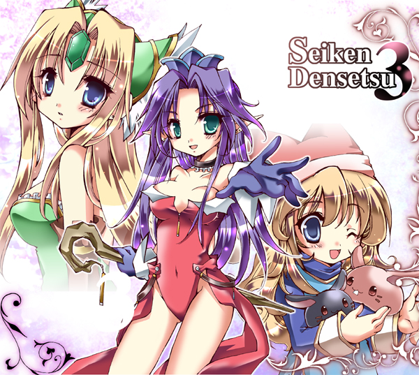 yoroi nau, angela (seiken densetsu 3), charlotte (seiken densetsu 3), rabite (seiken densetsu), riesz, seiken densetsu, seiken densetsu 3, square enix, bad id, bad pixiv id, 3girls, blonde hair, gloves, leotard, multiple girls, navel, one eye closed, outstretched arm, outstretched hand, pointy ears, purple hair, reaching, staff, wink