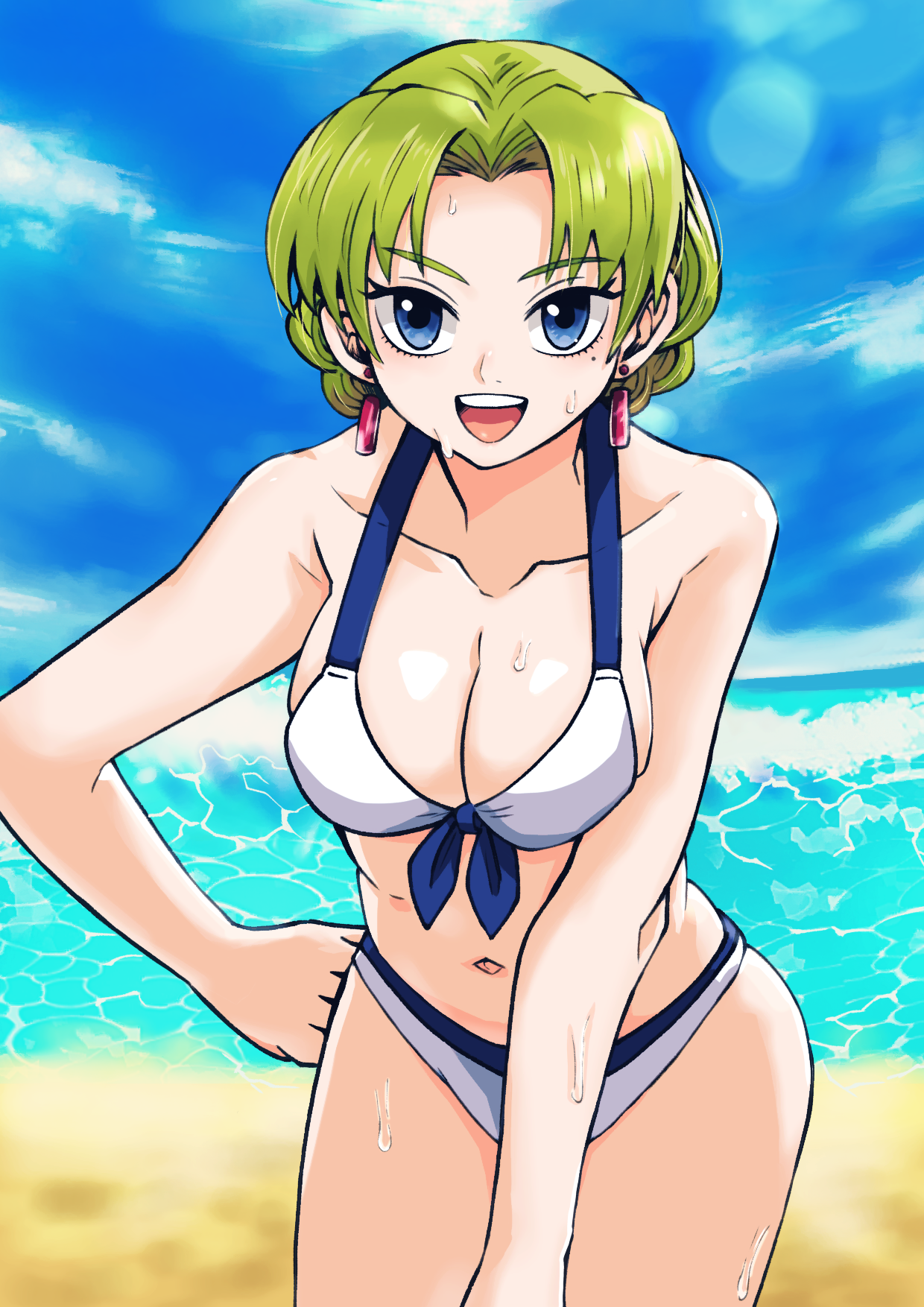 batchgooya, lily (grandia), grandia, grandia i, commentary request, highres, 1girl, bikini, blue eyes, breasts, cleavage, earrings, green hair, jewelry, looking at viewer, navel, open mouth, smile, solo, swimsuit, white bikini