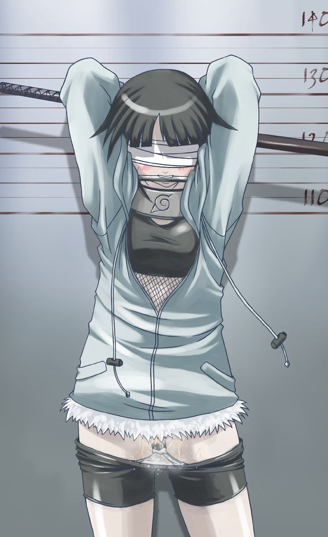 tasaka shinnosuke, hyuuga hinata, naruto (classic), naruto (series), 1girl, arms behind head, arms up, bandages, bdsm, bike shorts, bike shorts pull, bit gag, black hair, blindfold, blush, bondage, bound, clothes pull, coat, female focus, fishnets, forehead protector, gag, gagged, happy, latex, mugshot, peeing, peeing self, public indecency, purposeful wetting, short hair, shorts, shorts pull, solo, spandex, standing, sword, weapon