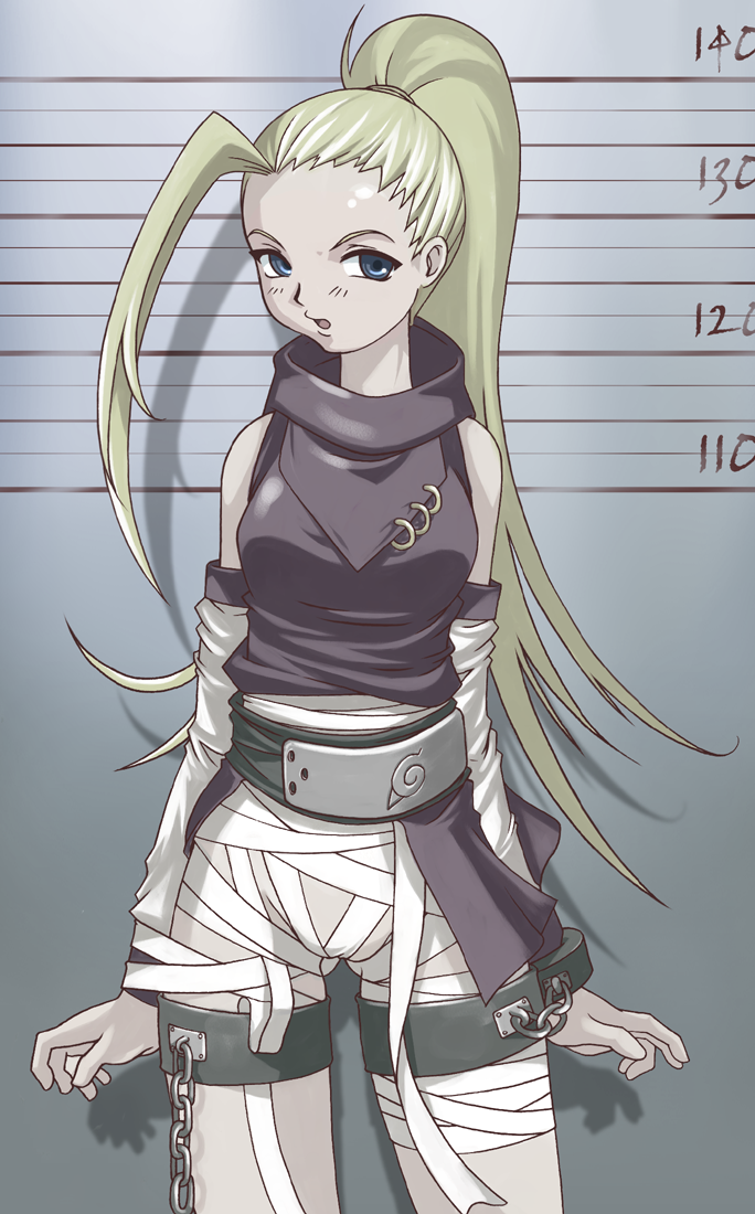 tasaka shinnosuke, yamanaka ino, naruto (classic), naruto (series), 1girl, bandages, bdsm, blonde hair, blue eyes, bondage, bound, bound arms, bound legs, chain, female focus, forehead, forehead protector, long hair, mugshot, ponytail, solo, standing