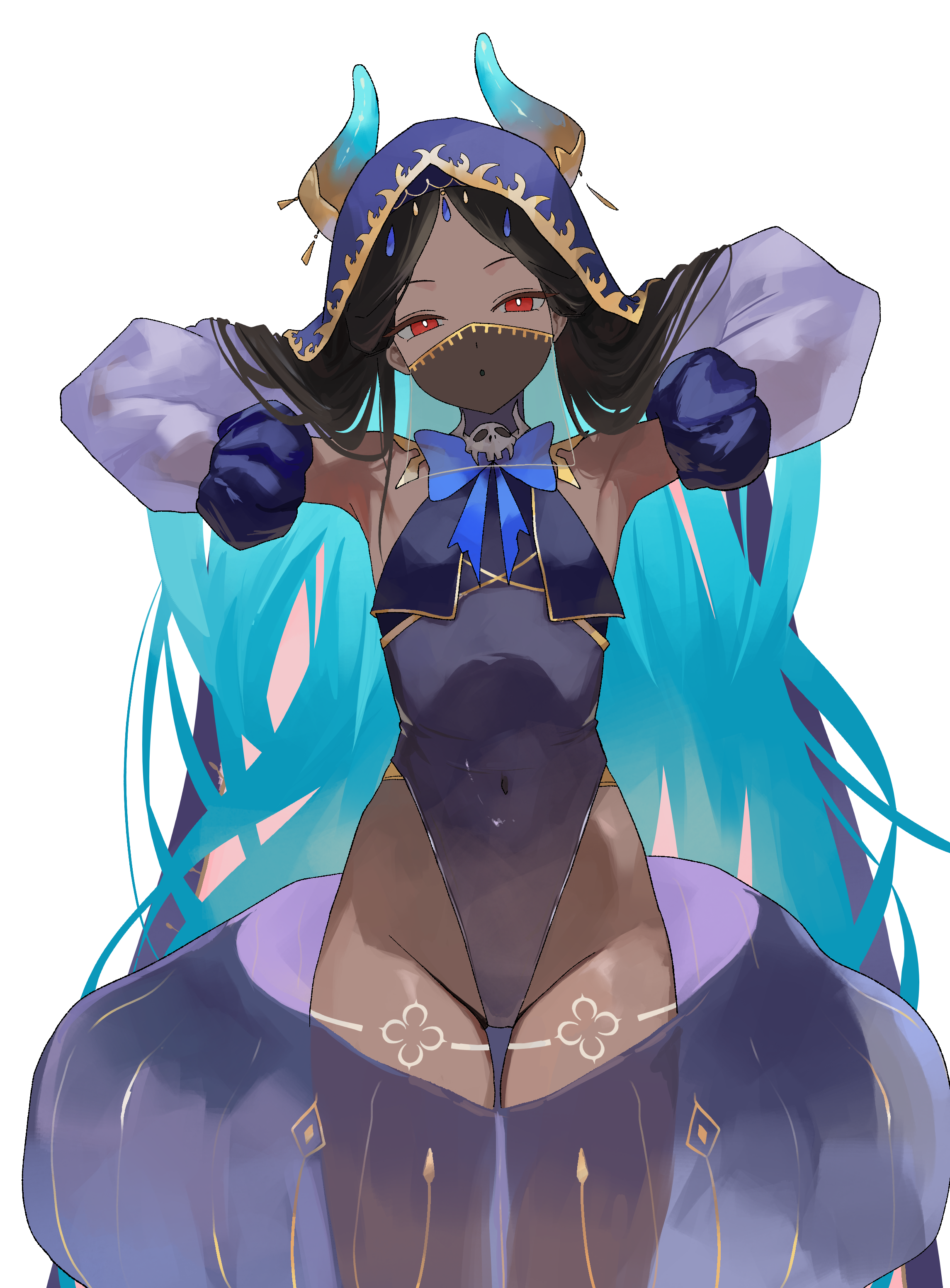 nbee ya, original, absurdres, commentary, commission, highres, 1girl, armpits, arms behind head, arms up, bare shoulders, black hair, blue hair, bow, bowtie, colored inner hair, covered navel, cowboy shot, dark-skinned female, dark skin, demon horns, detached sleeves, grey leotard, highleg, highleg leotard, horns, leotard, long hair, long sleeves, looking at viewer, mouth veil, multicolored hair, parted bangs, purple skirt, purple sleeves, purple veil, red eyes, see-through clothes, see-through sleeves, simple background, skirt, skull, solo, standing, thighs, two-tone hair, veil, very long hair, white background