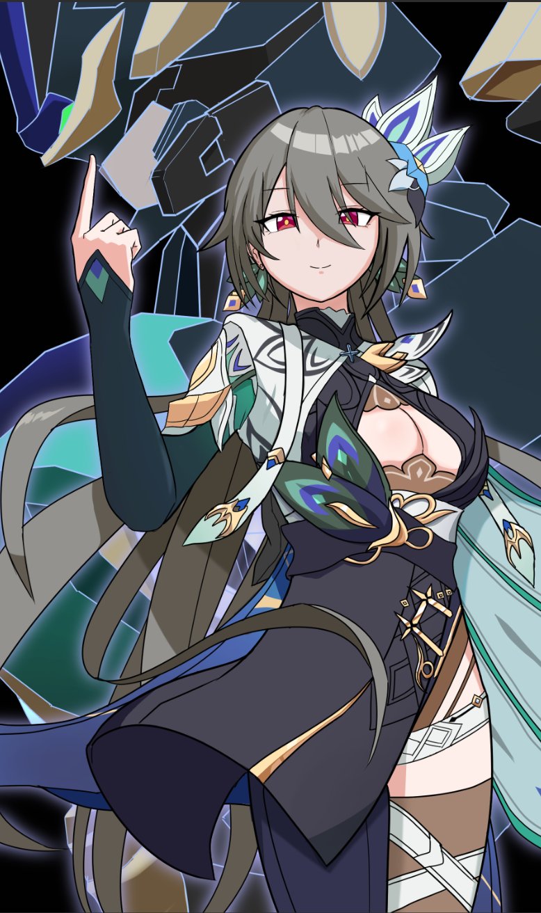 vita (honkai impact), vita (lone planetfarer) (honkai impact), honkai (series), honkai impact 3rd, highres, mixed-language commentary, 1girl, bunmk08, cleavage cutout, clothing cutout, dress, green hair, grey hair, hair between eyes, light smile, long hair, long sleeves, mecha, peacock feathers hair ornament, pointing, red eyes, robot, single thighhigh, starjumper (mecha), strap, thighhighs, very long hair, yellow pupils