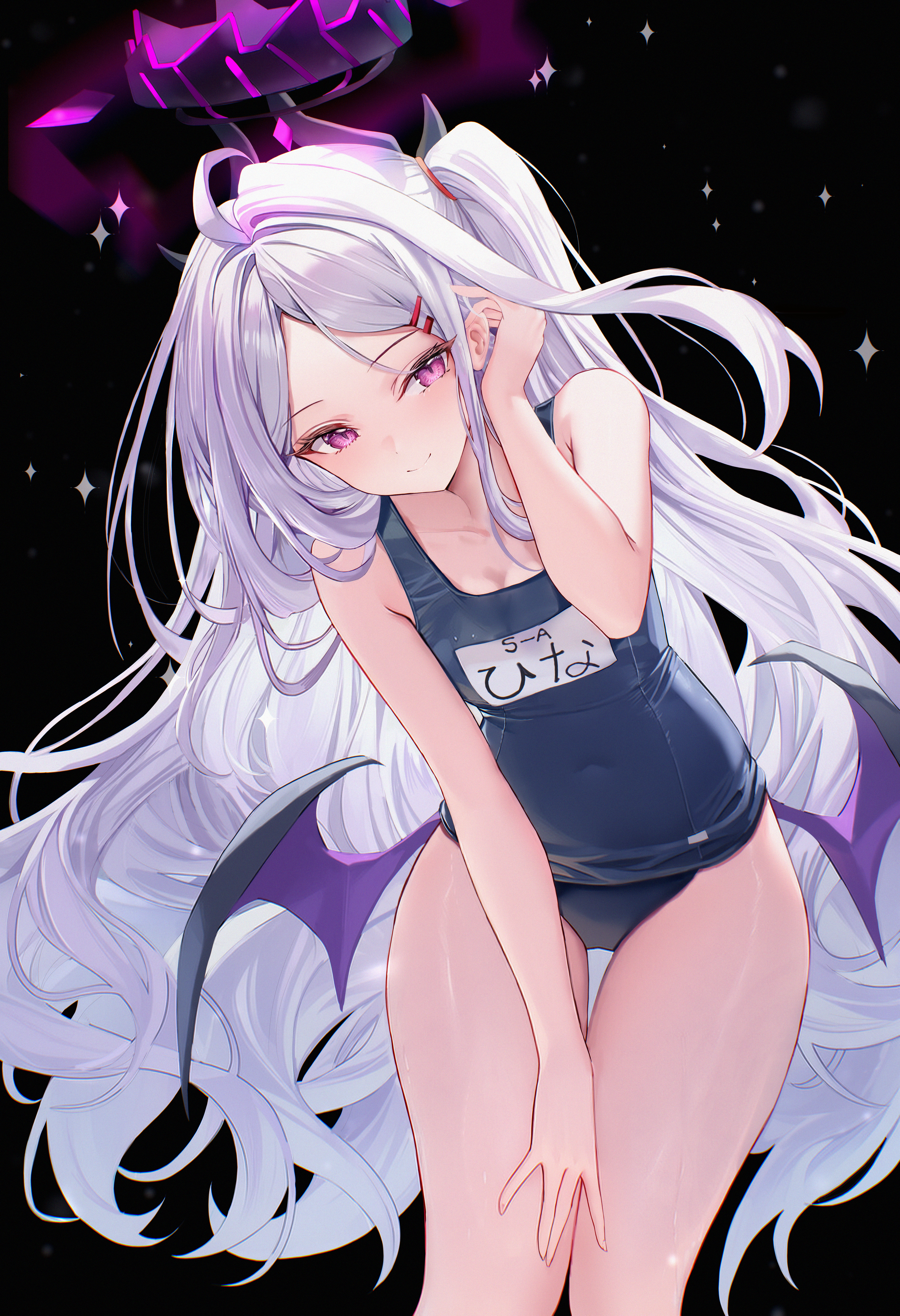 age fx, hina (blue archive), hina (swimsuit) (blue archive), blue archive, absurdres, commentary request, highres, 1girl, ahoge, black halo, black one-piece swimsuit, blush, breasts, closed mouth, collarbone, demon girl, demon horns, demon wings, halo, horns, long hair, looking at viewer, multiple horns, one-piece swimsuit, pink eyes, school swimsuit, small breasts, smile, swimsuit, very long hair, white hair, wings