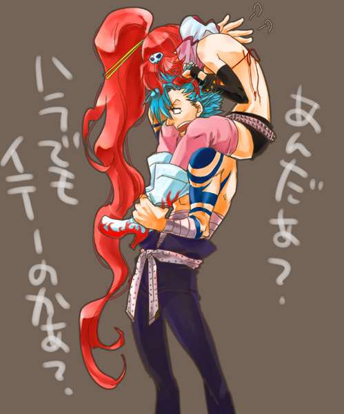 hoshino hitsuki, kamina (ttgl), yoko littner, tengen toppa gurren lagann, 00s, 1boy, 1girl, bikini, bikini top only, blue hair, boots, bra, carrying, couple, hetero, lingerie, long hair, red hair, shorts, shoulder carry, swimsuit, tattoo, thighhighs, topless male, underwear, very long hair