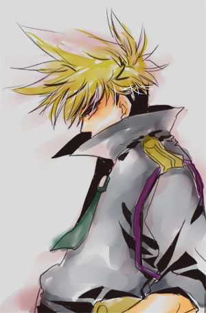 hoshino hitsuki, kittan bachika, tengen toppa gurren lagann, bad id, bad pixiv id, lowres, 00s, 1boy, gradient background, male focus, multicolored hair, necktie, solo, two-tone hair