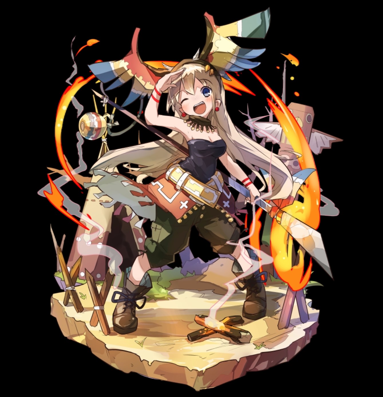 merc storia art team, merc storia, highres, official art, 1girl, :d, bare shoulders, belt, black background, blue eyes, blush, boots, breasts, brown boots, brown hair, cleavage, earrings, fake head wings, fire, flaming weapon, full body, green shorts, hair between eyes, hand up, head wings, holding, holding polearm, holding weapon, jewelry, large breasts, long hair, one eye closed, open mouth, polearm, shorts, simple background, smile, smoke, solo, standing, strapless, tachi-e, teeth, tent, tina (merc storia), totem, tube top, upper teeth only, very long hair, weapon, wings, yellow belt