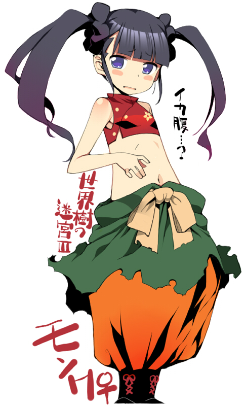 heisa, monk (sekaiju), monk 2 (sekaiju), atlus, etrian odyssey, sekaiju no meikyuu, sekaiju no meikyuu 3, bad id, bad pixiv id, 1girl, black hair, blue eyes, blunt bangs, blush, female focus, looking at viewer, midriff, navel, puffy pants, sidelocks, solo, standing, stomach, twintails