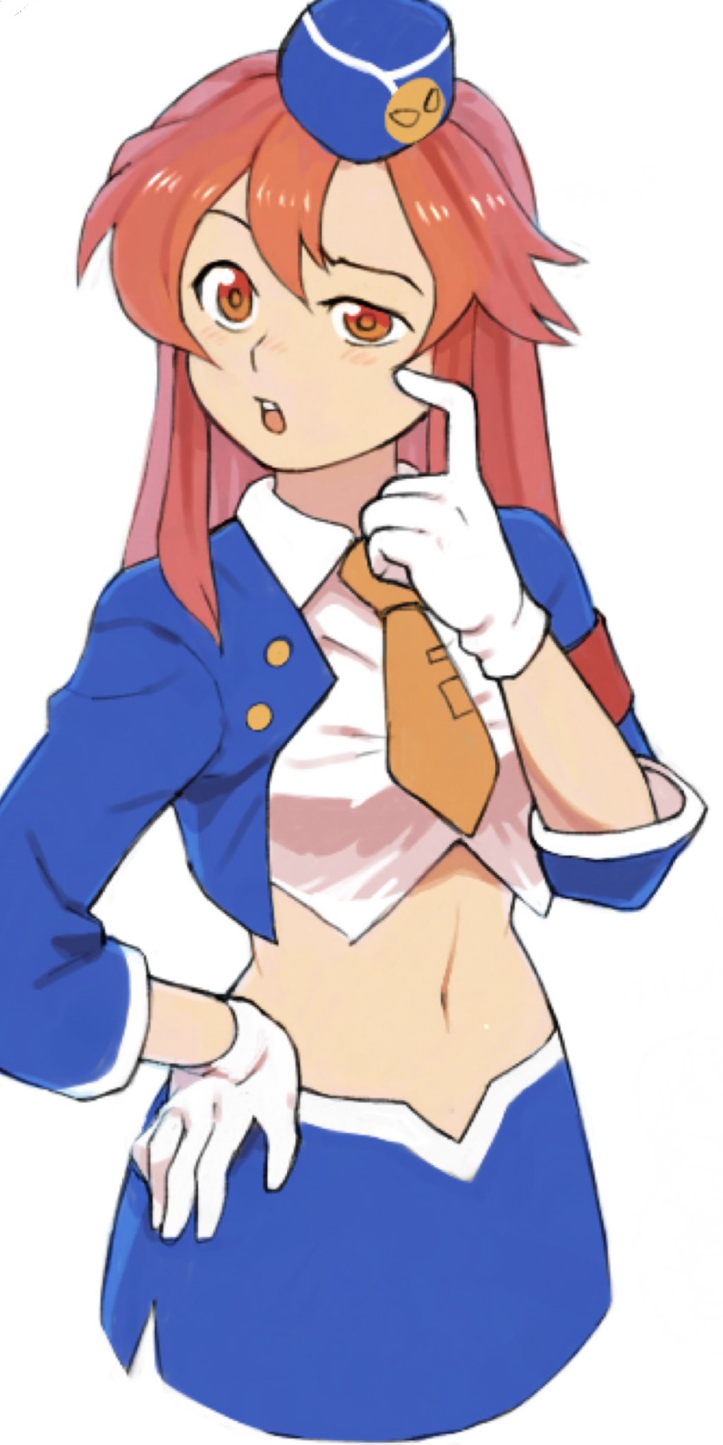 gan2, yoko littner, pieces of sweet stars, tengen toppa gurren lagann, aliasing, commentary request, highres, 1girl, armband, blue hat, blue jacket, blue skirt, collared shirt, cropped jacket, cropped shirt, garrison cap, gloves, hand on own hip, hand up, hat, jacket, long hair, navel, necktie, open clothes, open jacket, open mouth, orange necktie, red armband, red eyes, red hair, shirt, short necktie, sidelocks, skirt, solo, teeth, three-quarter sleeves, uneven eyes, upper teeth only, white gloves, white shirt