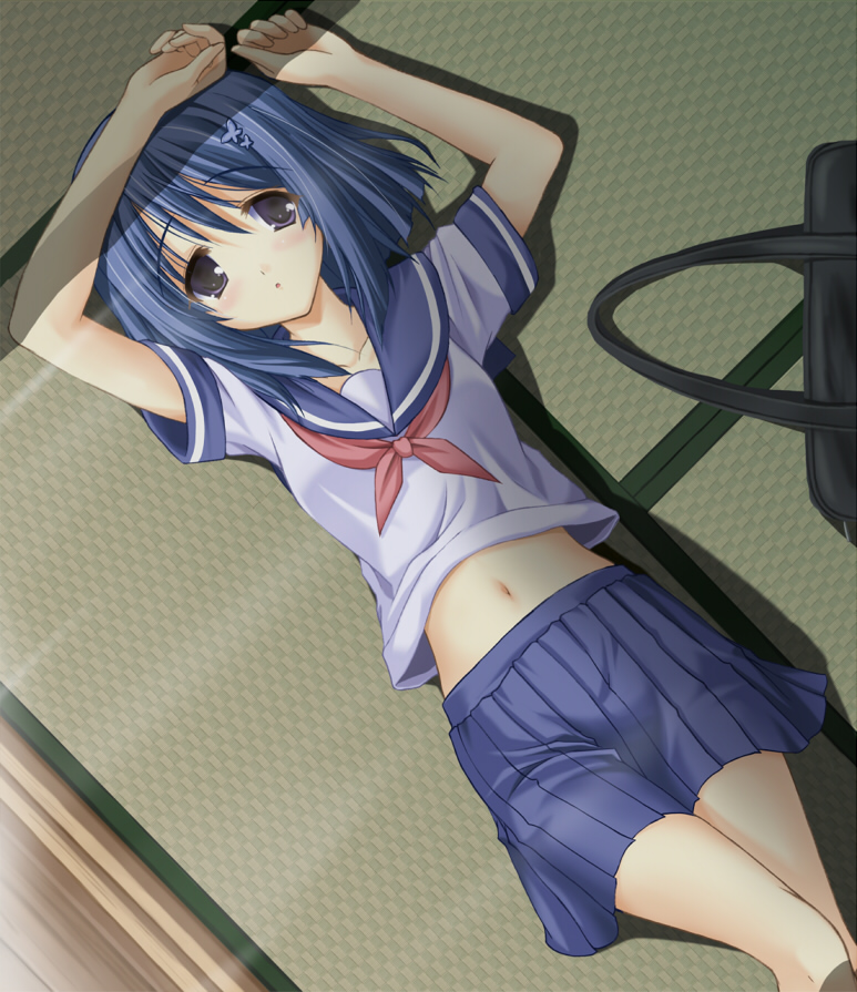 chisato (missing park), yumei, akai ito, blue hair, bug, butterfly, insect, lying, midriff, purple eyes, school uniform, serafuku, short hair, solo