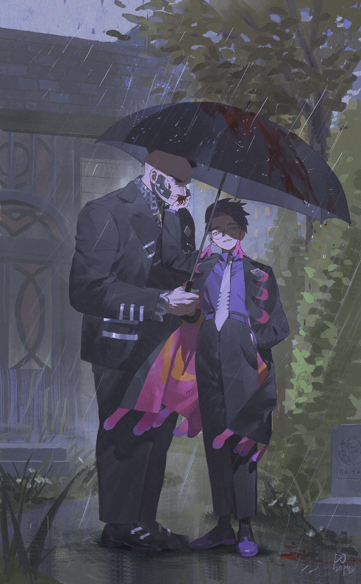 hazel maier, corbeau (pokemon), philippe (pokemon), nintendo, pokemon, pokemon legends: z-a, commentary request, highres, 2boys, belt, black belt, black coat, black jacket, black pants, black shoes, black umbrella, blood, blood on face, blood on hands, closed mouth, coat, facial hair, glasses, hand in pocket, holding, holding umbrella, jacket, lapels, long sleeves, male focus, mohawk, multiple boys, outdoors, pants, parted hair, purple coat, purple shirt, rain, ripples, round eyewear, shirt, shirt tucked in, shoes, smile, standing, suit jacket, tree, two-sided coat, two-sided fabric, umbrella, water, wing collar, yellow eyes