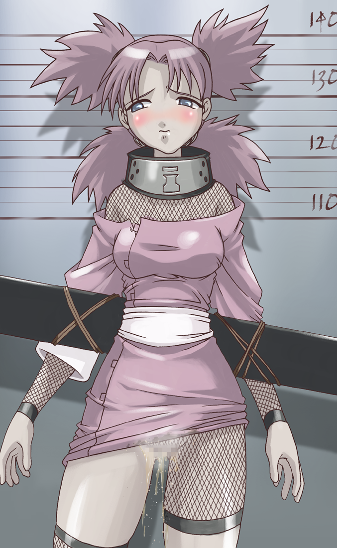 tasaka shinnosuke, temari (naruto), naruto (classic), naruto (series), 1girl, bdsm, blue eyes, blush, bondage, bound, bound arms, censored, clothes lift, female focus, fishnets, forehead protector, mugshot, peeing, peeing self, pink hair, public indecency, purposeful wetting, pussy, quad tails, rope, skirt, skirt lift, solo, standing