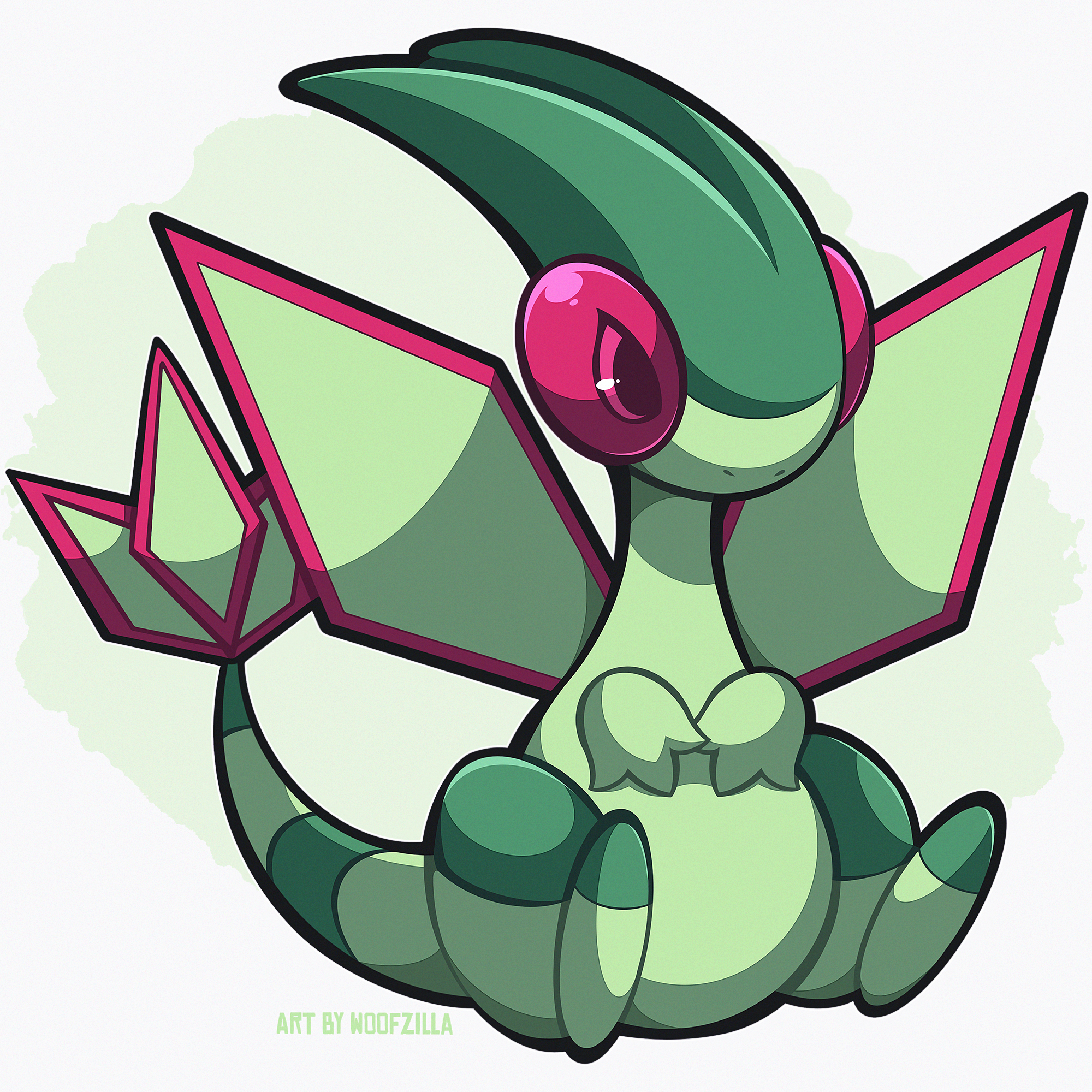 woofzilla, flygon, nintendo, pokemon, commentary, english commentary, highres, mixed-language commentary, artist name, closed mouth, full body, gen 3 pokemon, no humans, nostrils, pokemon (creature), sitting, solo, spanish commentary, white background