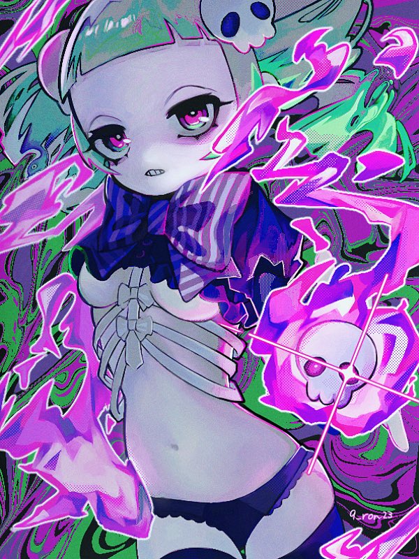original, commentary, 1girl, 9 ron23, black panties, black thighhighs, blunt bangs, bow, bowtie, breasts, cowboy shot, drill hair, fire, flaming skull, green hair, hair ornament, looking at viewer, magic, navel, panties, parted lips, pink eyes, purple bow, purple bowtie, purple fire, purple shrug, ribs, short bangs, short hair, shrug (clothing), skull, skull hair ornament, small breasts, solo, stomach, striped bow, striped bowtie, striped clothes, teeth, thighhighs, twin drills, twitter username, underwear