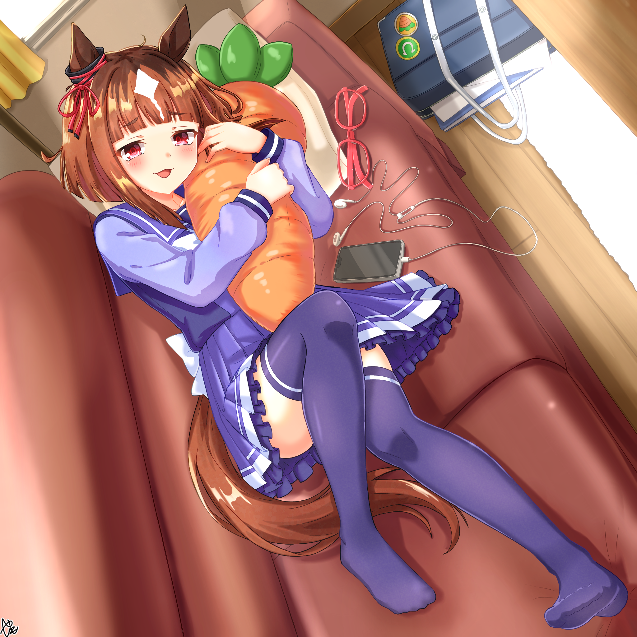 yashimo 1875, transcend (umamusume), umamusume, commentary request, highres, 1girl, animal ears, bag, blush, bow, bowtie, brown hair, carrot-shaped pillow, cellphone, couch, ear ornament, ear ribbon, earphones, glasses, holding, horse ears, horse girl, horse tail, indoors, long sleeves, looking at viewer, lying, multicolored hair, on couch, on side, open mouth, phone, pillow, pleated skirt, purple sailor collar, purple serafuku, purple shirt, purple skirt, purple thighhighs, red-framed eyewear, red eyes, sailor collar, sailor shirt, school bag, school uniform, serafuku, shirt, short hair, skirt, smartphone, smile, solo, stuffed carrot, tail, thighhighs, tracen school uniform, unworn eyewear, white bow, white bowtie, white hair, wooden floor, zettai ryouiki