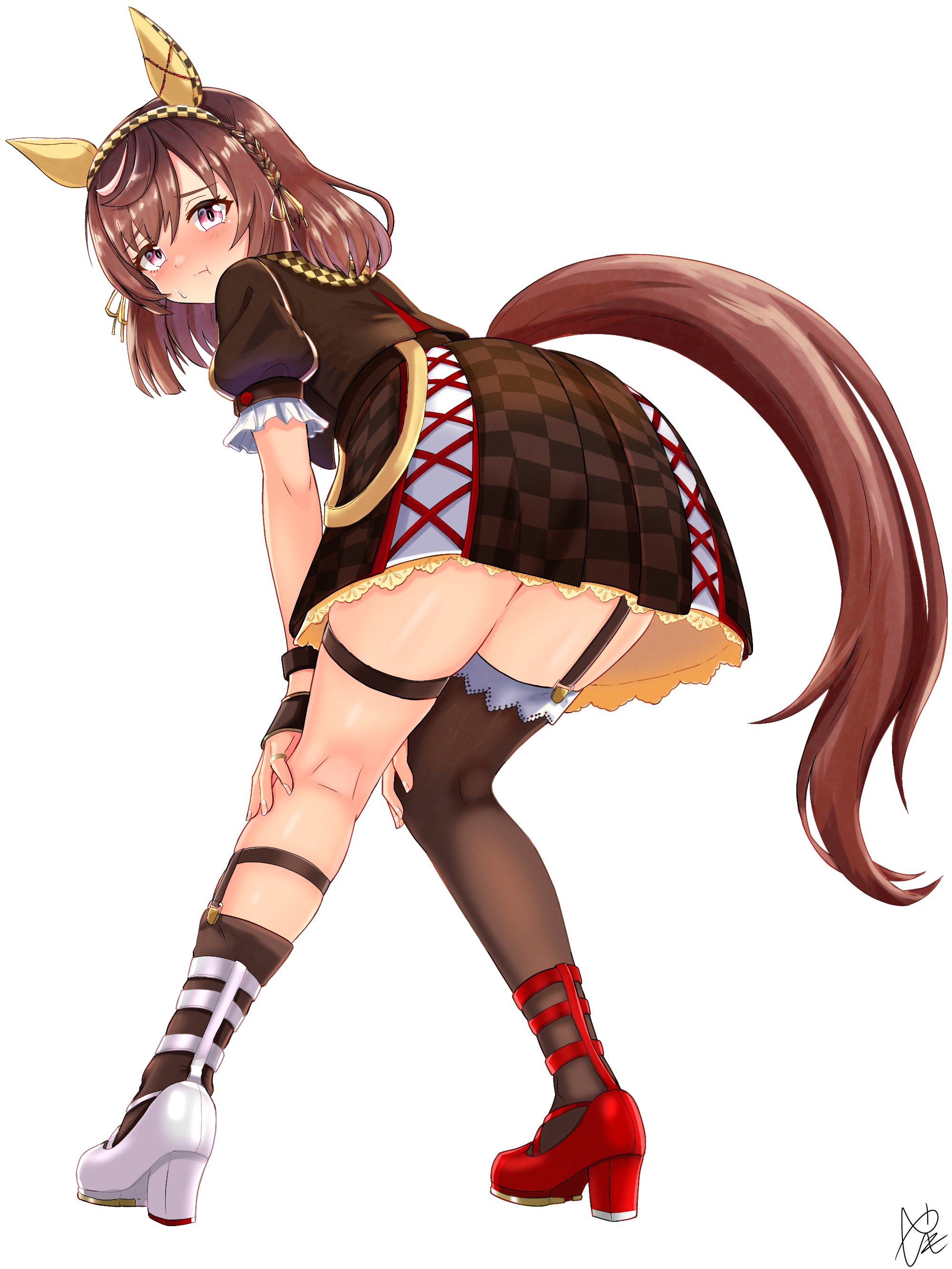 yashimo 1875, buena vista (heroina inocente) (umamusume), buena vista (umamusume), umamusume, absurdres, commentary request, highres, 1girl, animal ears, ass, asymmetrical footwear, asymmetrical legwear, blush, braid, breasts, brown hair, brown jacket, brown skirt, checkered collar, checkered hairband, closed mouth, ear covers, full body, garter straps, hair between eyes, hair ornament, hairband, headband, horse ears, horse girl, horse tail, jacket, looking at viewer, looking back, medium hair, mismatched footwear, pout, purple eyes, short sleeves, simple background, single thighhigh, skirt, solo, sweatdrop, tail, thigh strap, thighhighs, uneven legwear, white background, white skirt