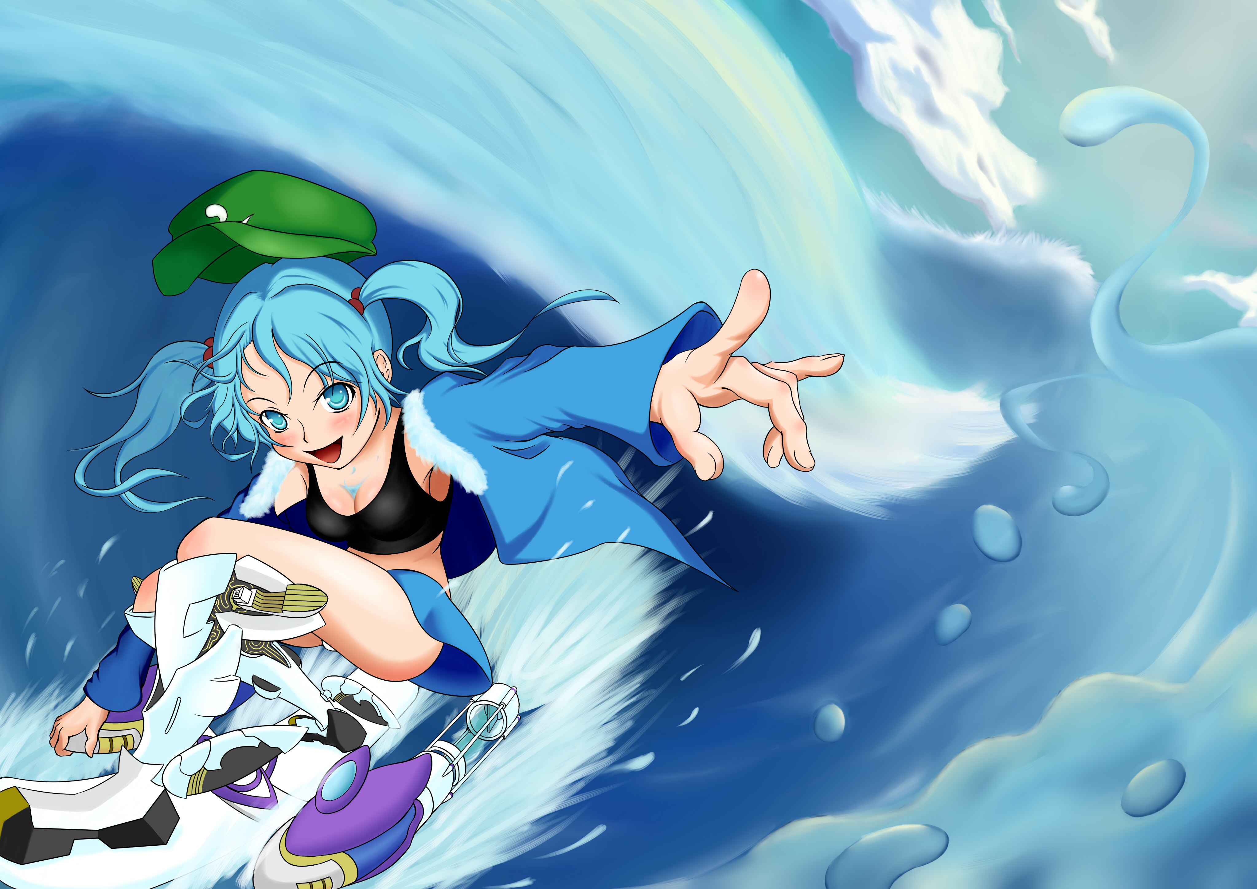 nito koma, kawashiro nitori, touhou, absurdres, highres, 1girl, blue eyes, blue hair, breasts, cleavage, crop top, female focus, foreshortening, hair bobbles, hair ornament, hat, jacket, matching hair/eyes, open clothes, open jacket, science fiction, short hair, solo, surfboard, surfing, tank top, twintails, water, waves