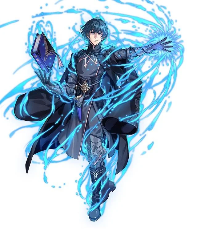 fujisaka kimihiko, male byleth (fire emblem), fire emblem, fire emblem: three houses, fire emblem engage, fire emblem heroes, nintendo, commentary, english commentary, official art, third-party source, 1boy, armor, attack, aura, belt, black armor, black belt, black boots, black cape, black gloves, black pants, blue aura, blue eyes, blue hair, book, boots, cape, closed mouth, dagger, emblem (fire emblem engage), fighting stance, full body, gloves, holding, holding book, knife, long sleeves, looking at viewer, male focus, pants, sheath, sheathed, short hair, simple background, solo, weapon, white background