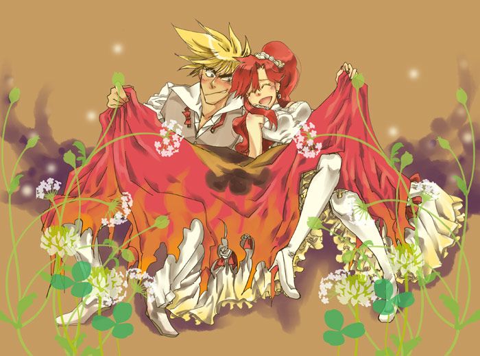 hoshino hitsuki, kittan bachika, yoko littner, tengen toppa gurren lagann, 00s, 1boy, 1girl, blonde hair, bridal veil, bride, cape, couple, dress, good end, hetero, ponytail, red eyes, veil, wedding, wedding dress