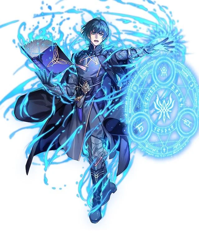 fujisaka kimihiko, male byleth (fire emblem), fire emblem, fire emblem: three houses, fire emblem engage, fire emblem heroes, nintendo, commentary, english commentary, official art, third-party source, 1boy, armor, attack, aura, belt, black armor, black belt, black boots, black cape, black gloves, black pants, blue aura, blue eyes, blue hair, book, boots, cape, dagger, emblem (fire emblem engage), fighting stance, full body, gloves, holding, holding book, knife, long sleeves, looking at viewer, male focus, open mouth, pants, sheath, sheathed, short hair, simple background, solo, weapon, white background