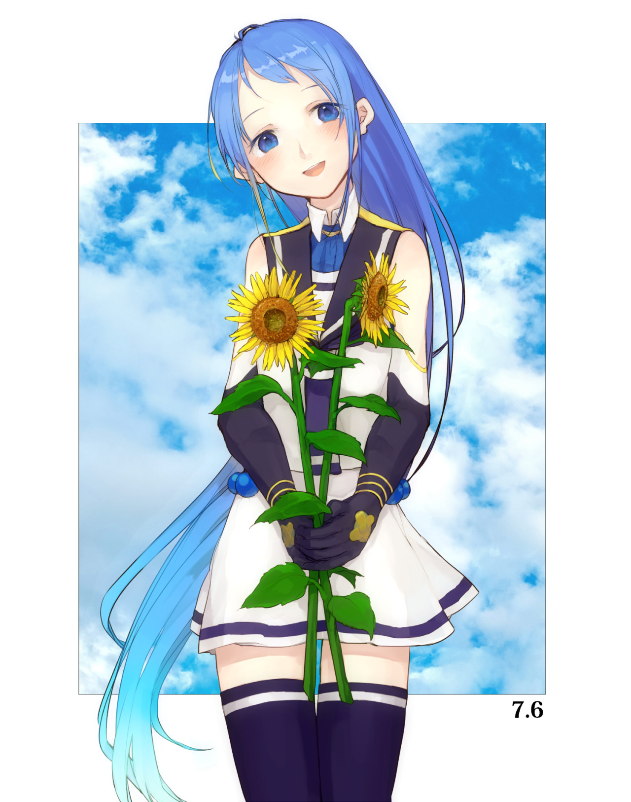 myuu (hellomagic), samidare (kancolle), kantai collection, commentary request, highres, 1girl, aqua hair, birthday, black gloves, black sailor collar, black thighhighs, blue eyes, blue hair, blush, cloud, elbow gloves, flower, gloves, gradient hair, holding, holding flower, leaf, long hair, looking at viewer, multicolored hair, neckerchief, open mouth, sailor collar, school uniform, serafuku, skirt, sky, sleeveless, solo, sunflower, thighhighs, very long hair, white skirt