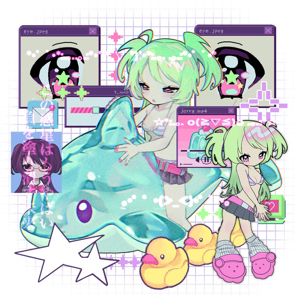 original, translation request, 1girl, 9 ron23, :o, bare arms, belt, bikini, black hair, black skirt, bow, bowtie, breasts, chromatic aberration, cleavage, closed mouth, computer, crocs, dot mouth, dual persona, food, gelatin, glasses, green hair, grid background, inflatable dolphin, inflatable toy, leg warmers, long hair, miniskirt, multicolored bikini, multiple views, nail polish, open mouth, pink belt, pink bikini, pink eyes, pink nails, pink shoes, red bow, red bowtie, rubber duck, school uniform, shoes, skirt, small breasts, star (symbol), striped bikini, striped clothes, swimsuit, two-tone bikini, two side up, white bikini, white leg warmers, window (computing)