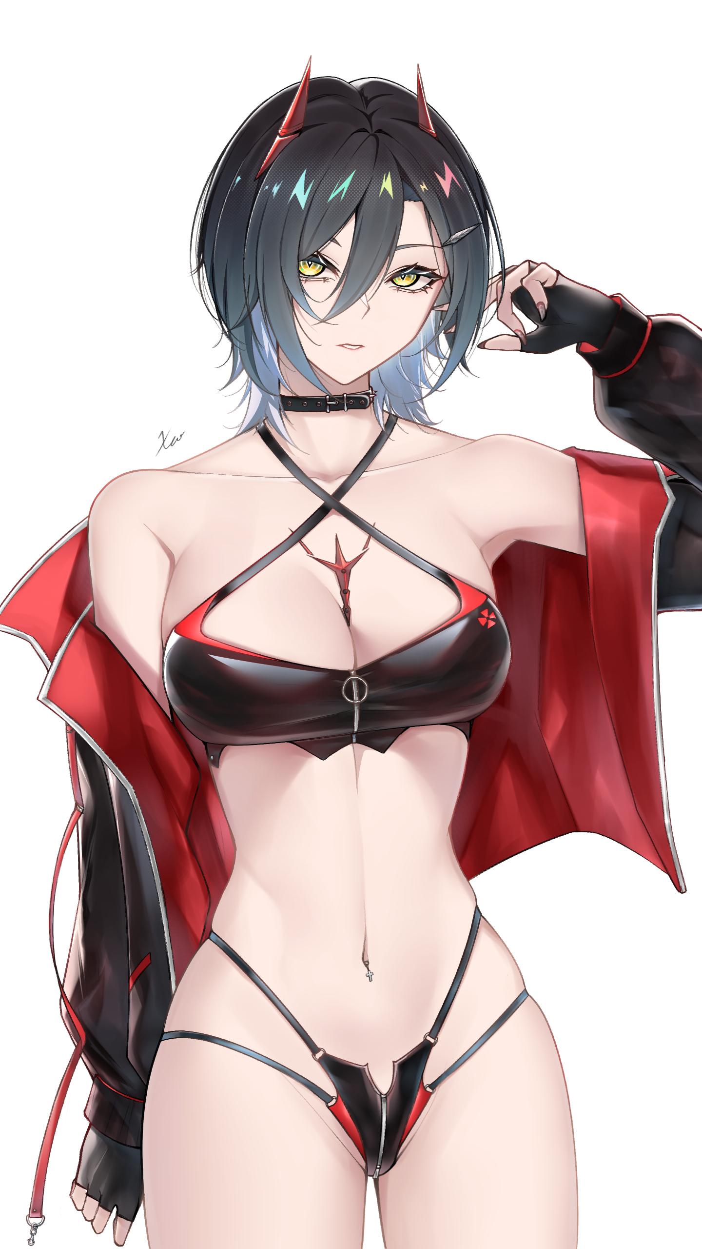 xuwasoo, ulrich von hutten (azur lane), ulrich von hutten (ignition matrician) (azur lane), azur lane, absurdres, commentary, highres, 1girl, arm up, armpits, bare shoulders, bikini, black bikini, black choker, black gloves, black hair, black jacket, breasts, choker, cleavage, collarbone, cowboy shot, criss-cross halter, cross, cross piercing, crotch zipper, fingerless gloves, gloves, groin, hair between eyes, hair ornament, hairclip, halterneck, highleg, highleg bikini, horns, jacket, long sleeves, looking at viewer, mechanical horns, medium breasts, multi-strapped bikini bottom, multicolored hair, navel, navel piercing, off shoulder, official alternate costume, open clothes, open jacket, parted lips, piercing, race queen, red horns, red nails, short hair, sidelocks, signature, simple background, skindentation, solo, spiked choker, spikes, standing, stomach, swimsuit, two-tone hair, white background, white hair, yellow eyes, zipper bikini, zipper pull tab