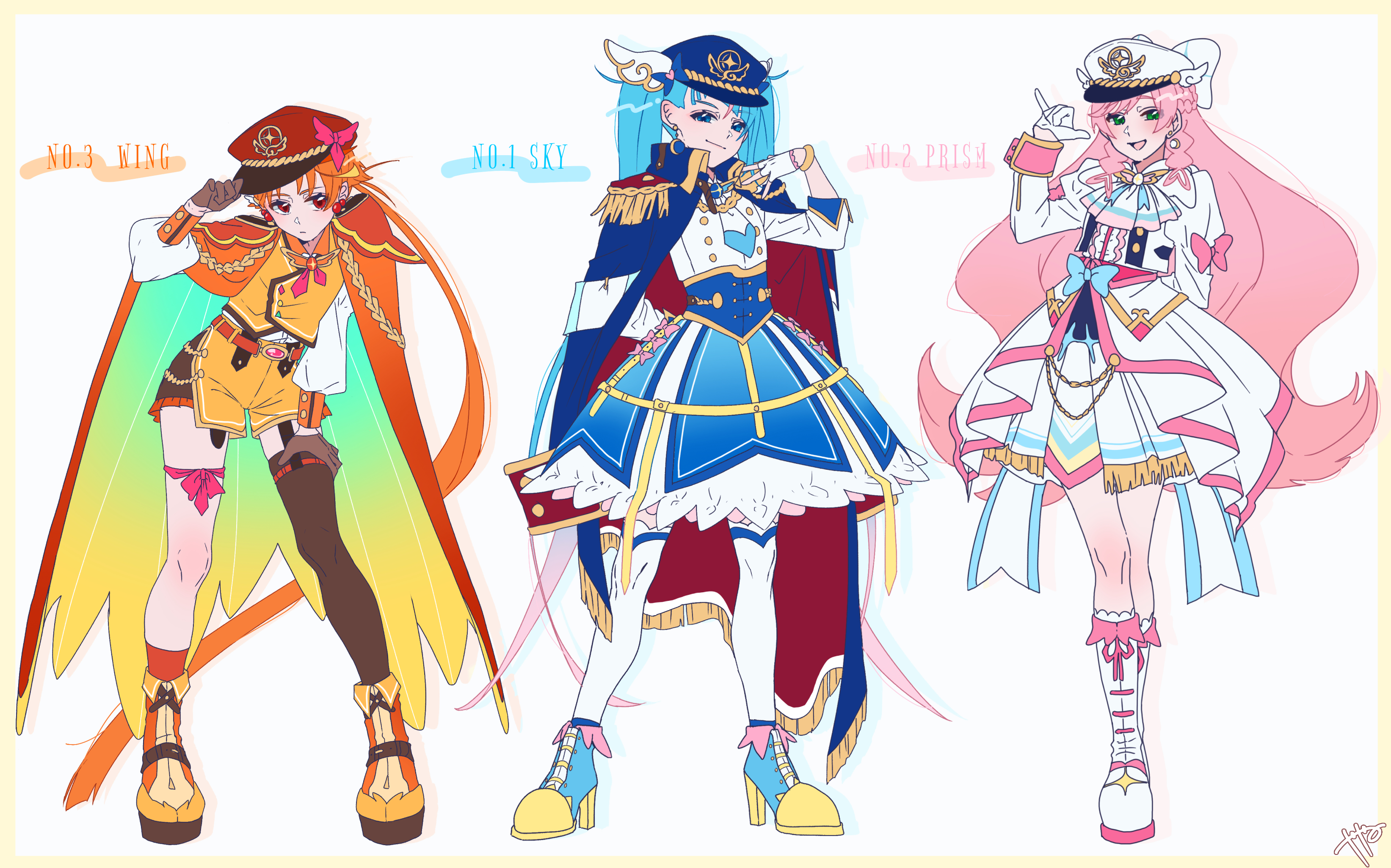 cure prism, cure sky, cure wing, nijigaoka mashiro, sora harewataru, yuunagi tsubasa, hirogaru sky! precure, precure, absurdres, commentary, highres, 1boy, 2girls, m/, adapted costume, aiguillette, ankle boots, arm behind back, artist name, ascot, asymmetrical legwear, belt, black shorts, black thighhighs, blue boots, blue bow, blue cape, blue dress, blue eyes, blue hair, blue hat, boots, bow, braid, brooch, brown gloves, cape, center frills, character name, closed mouth, crown braid, cut bangs, dress, dress bow, earrings, epaulettes, fingerless gloves, frilled dress, frilled shorts, frills, fringe trim, frown, garter straps, gloves, gradient hair, green cape, green eyes, hair bow, hair ornament, hand on own thigh, hat, high heel boots, high heels, jacket, jacket bow, jewelry, juliet sleeves, knee boots, layered dress, leaning forward, leg ribbon, long hair, long sleeves, looking at viewer, magical boy, magical girl, medium dress, mismatched legwear, multicolored hair, multiple girls, orange belt, orange boots, orange cape, orange hat, orange shorts, orange socks, orange vest, peaked cap, pink bow, pink hair, puffy sleeves, red cape, red eyes, ribbon, shirt, short shorts, shorts, side braids, signature, single earring, single sidelock, single sock, single thighhigh, smile, smirk, socks, standing, streaked hair, thighhighs, twintails, two-sided cape, two-sided fabric, two-tone dress, two-tone hair, two-tone shorts, very long hair, vest, white ascot, white background, white boots, white bow, white dress, white gloves, white jacket, white shirt, white thighhighs, wing brooch, wing hair ornament, yaya 0810