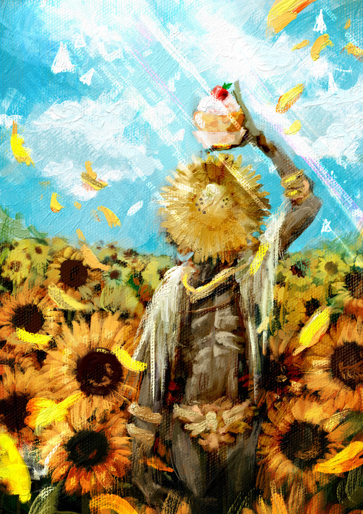 nightmaresyrup, goldmask (elden ring), elden ring, commentary, english commentary, highres, painting (medium), traditional media, 1boy, arm up, blue sky, bracelet, cape, cloud, cupcake, facing viewer, field, flower, flower field, food, gold bracelet, goldmask's mask, holding, holding food, jewelry, light rays, loincloth, male focus, mask, petals, sky, solo, standing, sunflower, sunflower field, sunlight, torn cape, torn clothes, white cape