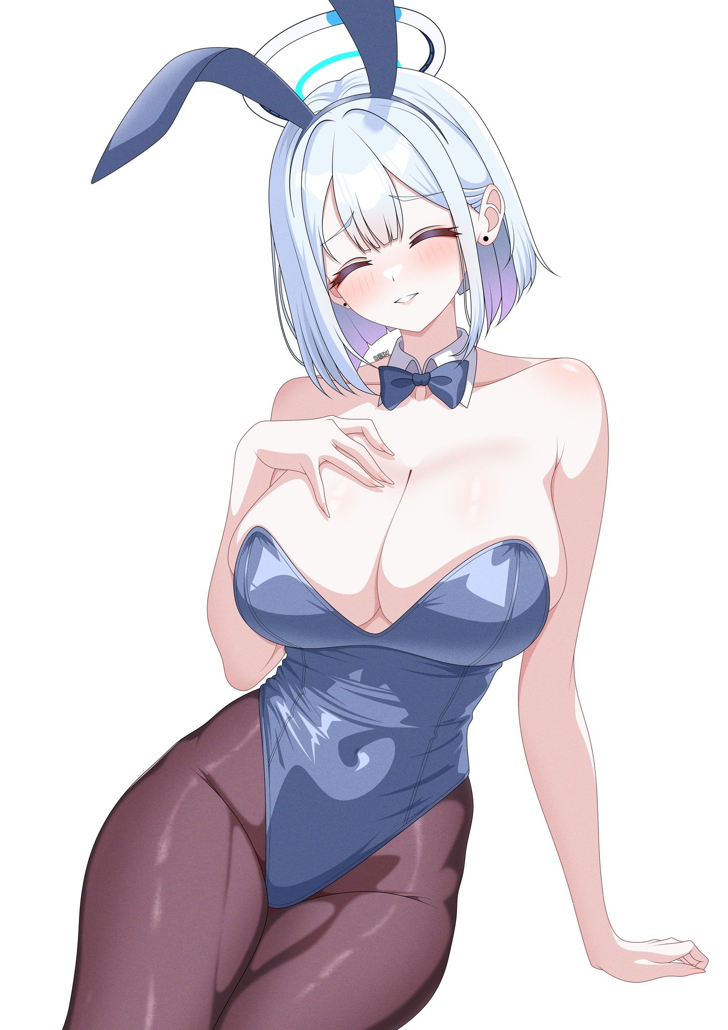 hazaky, noa (blue archive), blue archive, commentary request, highres, 1girl, alternate hairstyle, animal ears, bare shoulders, blush, breasts, cleavage, closed eyes, halo, large breasts, mechanical halo, playboy bunny, rabbit ears, short hair, solo, white hair, white halo
