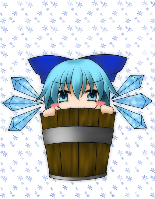 nue (artist), tora tsugumi (nue1114), cirno, touhou, bad id, bad pixiv id, 1girl, blue eyes, blue hair, bow, bucket, female focus, hair bow, in bucket, in container, matching hair/eyes, short hair, snowflakes, solo, wings