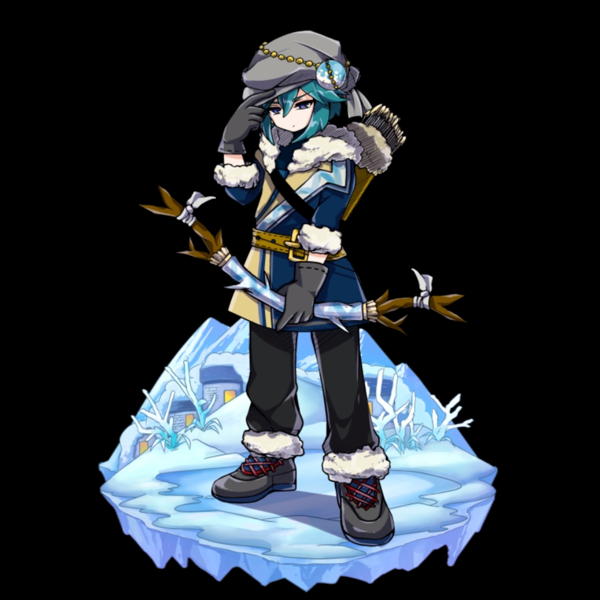 merc storia art team, merc storia, highres, official art, 1boy, belt, black background, black gloves, black pants, blue coat, blue eyes, bow (weapon), closed mouth, coat, degel (merc storia), full body, fur-trimmed jacket, fur-trimmed pants, fur trim, gloves, green hair, grey hat, grey shoes, hat, holding, holding bow (weapon), holding weapon, house, jacket, long sleeves, pants, quiver, shoes, simple background, solo, standing, tachi-e, tsurime, v-shaped eyebrows, weapon, yellow belt
