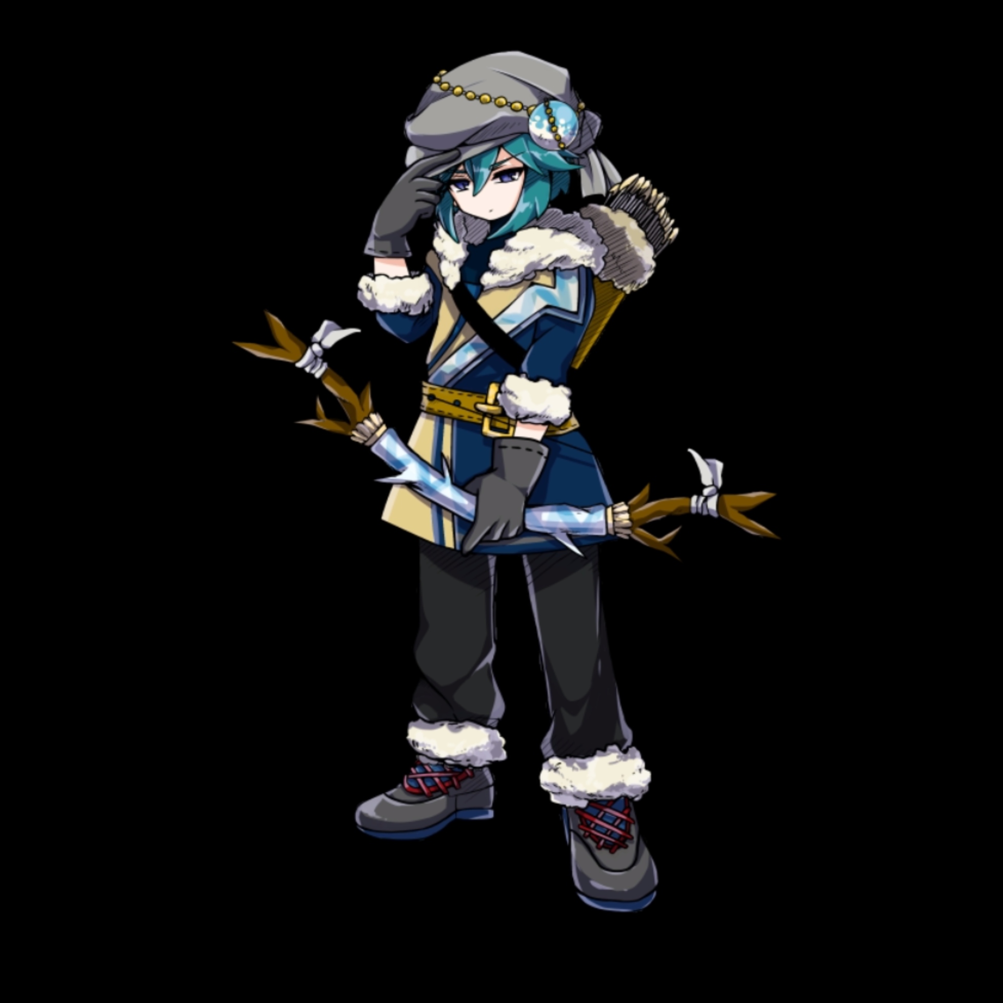 merc storia art team, merc storia, highres, official art, belt, black background, black gloves, black pants, blue coat, blue eyes, bow (weapon), closed mouth, coat, degel (merc storia), full body, fur-trimmed jacket, fur-trimmed pants, fur trim, gloves, green hair, grey hat, grey shoes, hat, holding, holding bow (weapon), holding weapon, jacket, long sleeves, pants, quiver, shoes, simple background, solo, standing, tachi-e, tsurime, v-shaped eyebrows, weapon, yellow belt