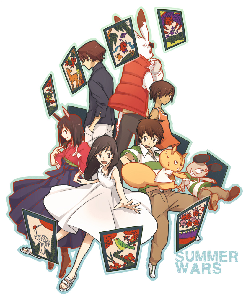 nakatani, ikezawa kazuma, jinnouchi wabisuke, kari-kenji, king kazma, koiso kenji, love machine, shinohara natsuki, summer wars, 00s, 2girls, 3boys, card, floating card, goggles, goggles on head, hanafuda, multiple boys, multiple girls